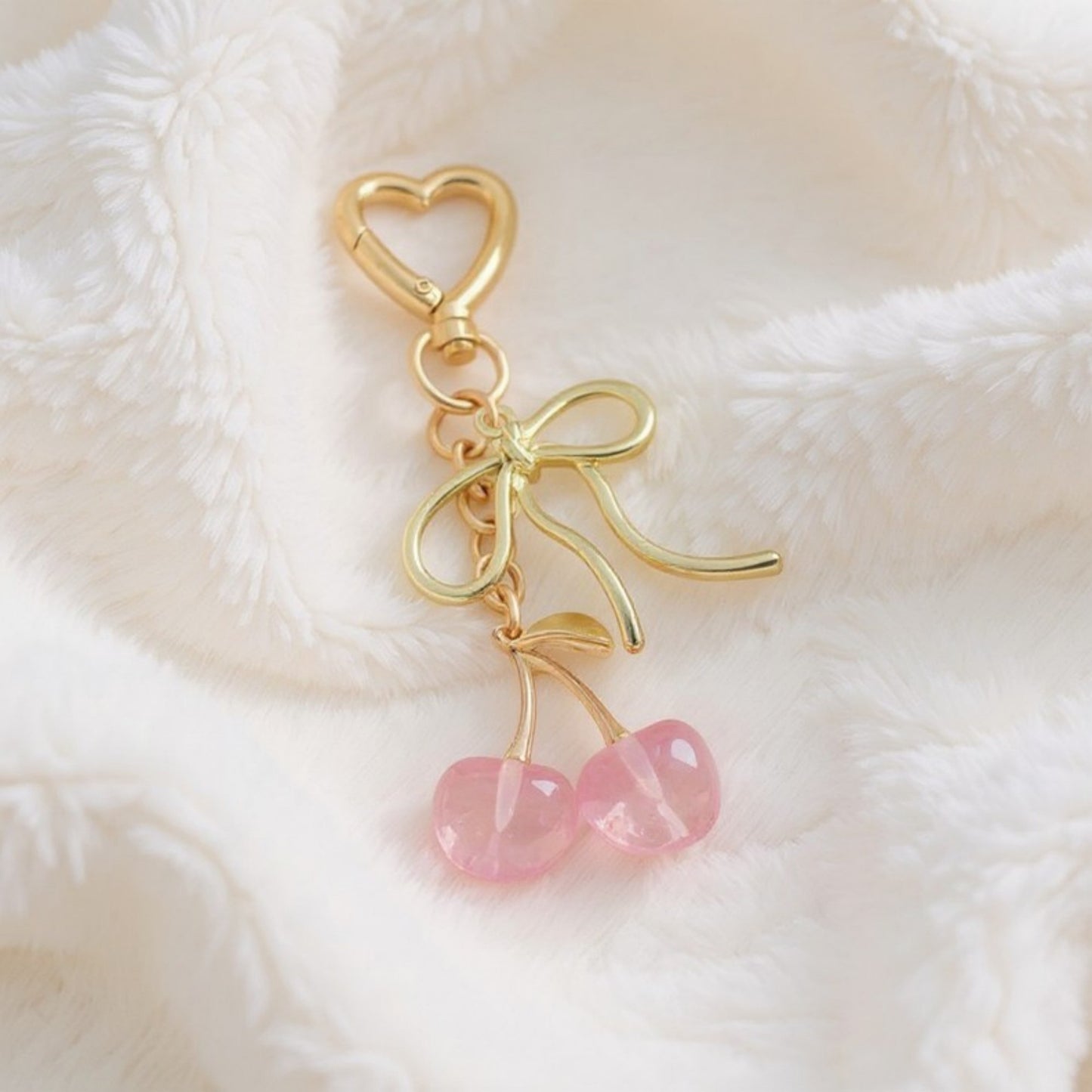 Anna-Kaci Gold Bow Keychain with Pink Cherry Charms and Heart Clasp
