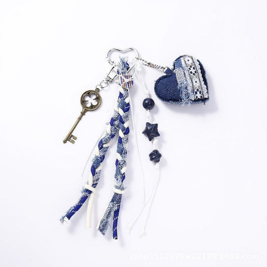 Anna-Kaci Denim Heart Charm Keychain with Braided Straps and Vintage Key Accent
