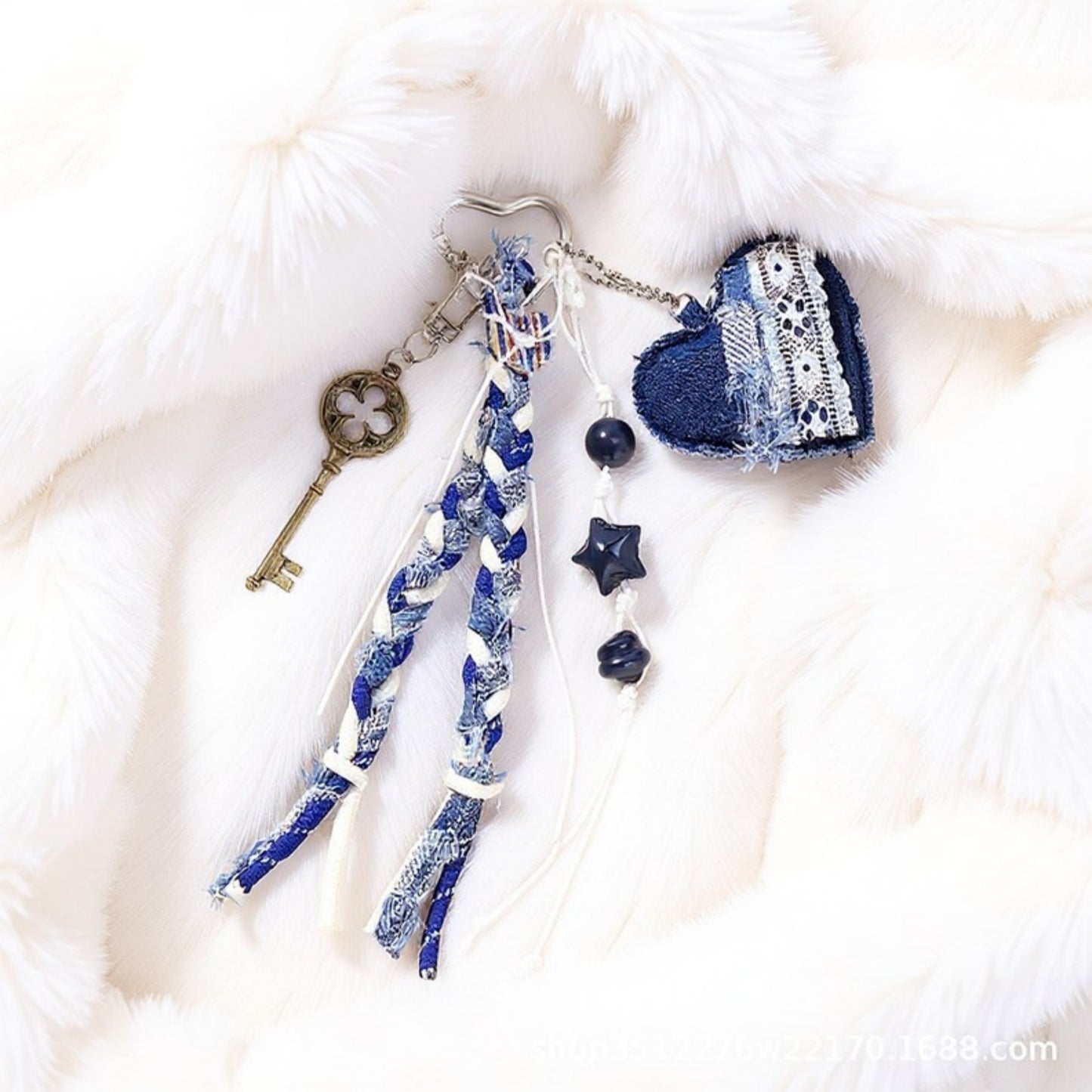 Anna-Kaci Denim Heart Charm Keychain with Braided Straps and Vintage Key Accent