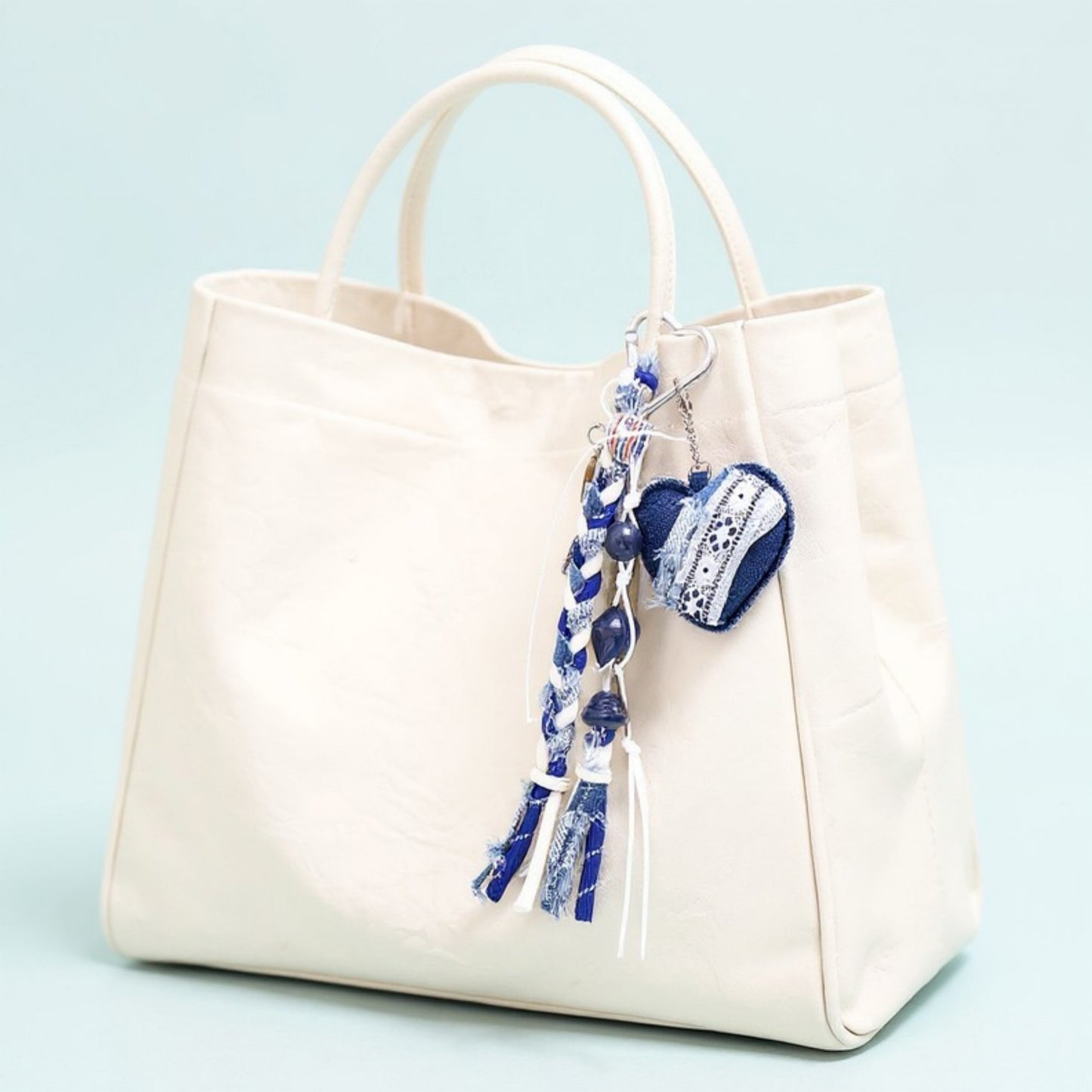 Anna-Kaci Denim Heart Charm Keychain with Braided Straps and Vintage Key Accent