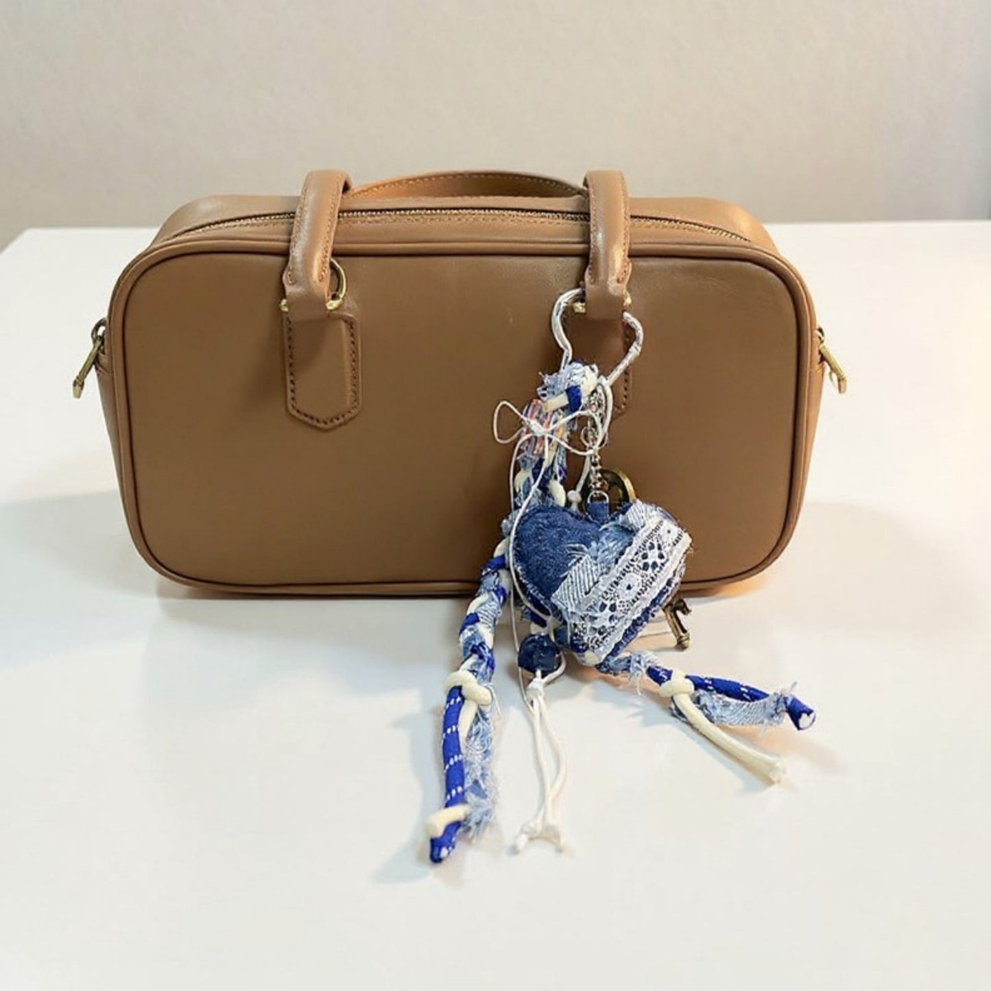 Anna-Kaci Denim Heart Charm Keychain with Braided Straps and Vintage Key Accent