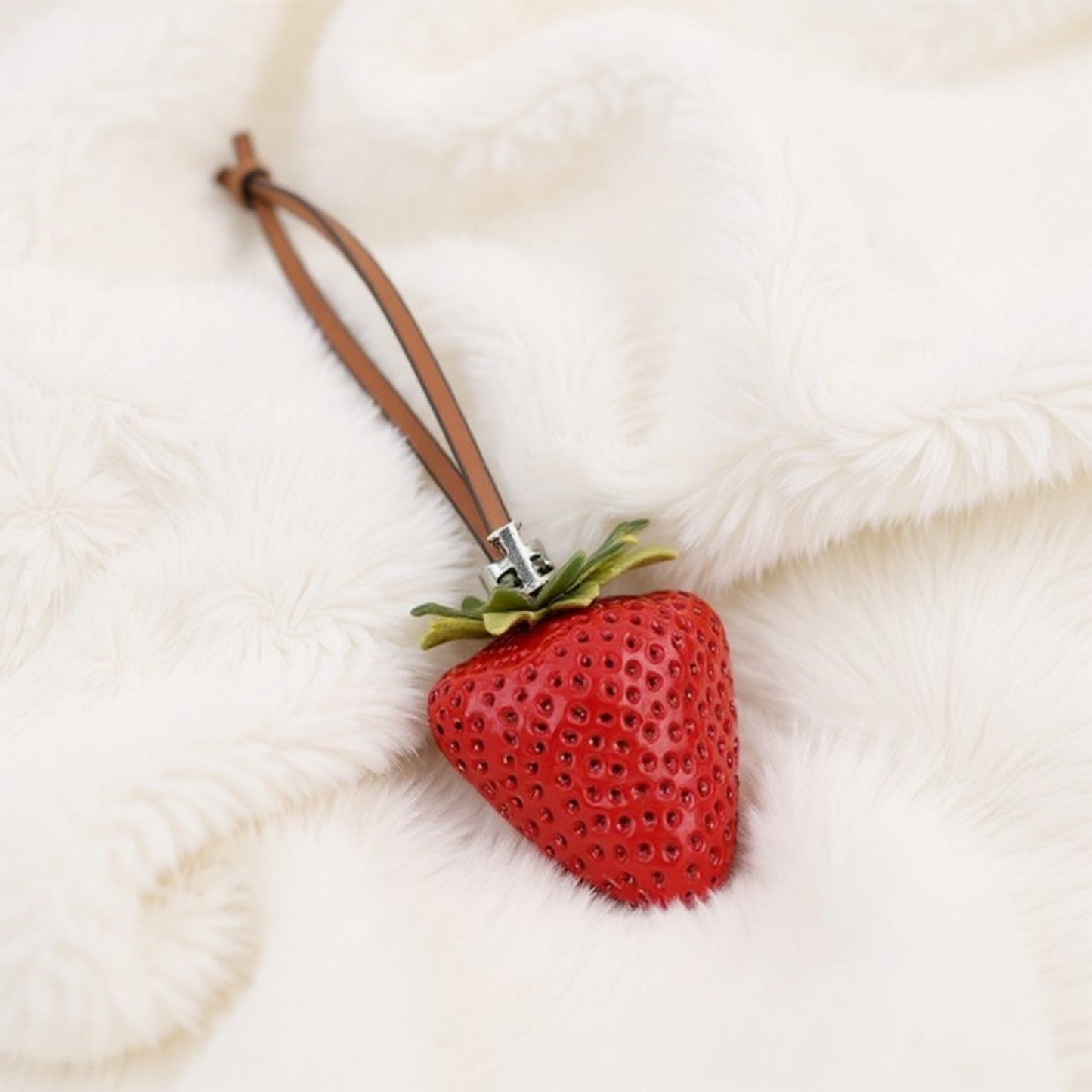 Anna-Kaci Realistic Strawberry Charm Keychain with Faux Leather Strap