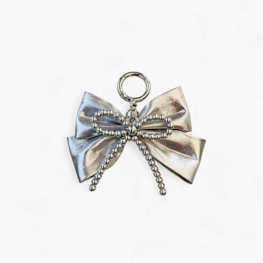 Anna-Kaci Metallic Bow Charm Keychain with Silver Beaded Detailing