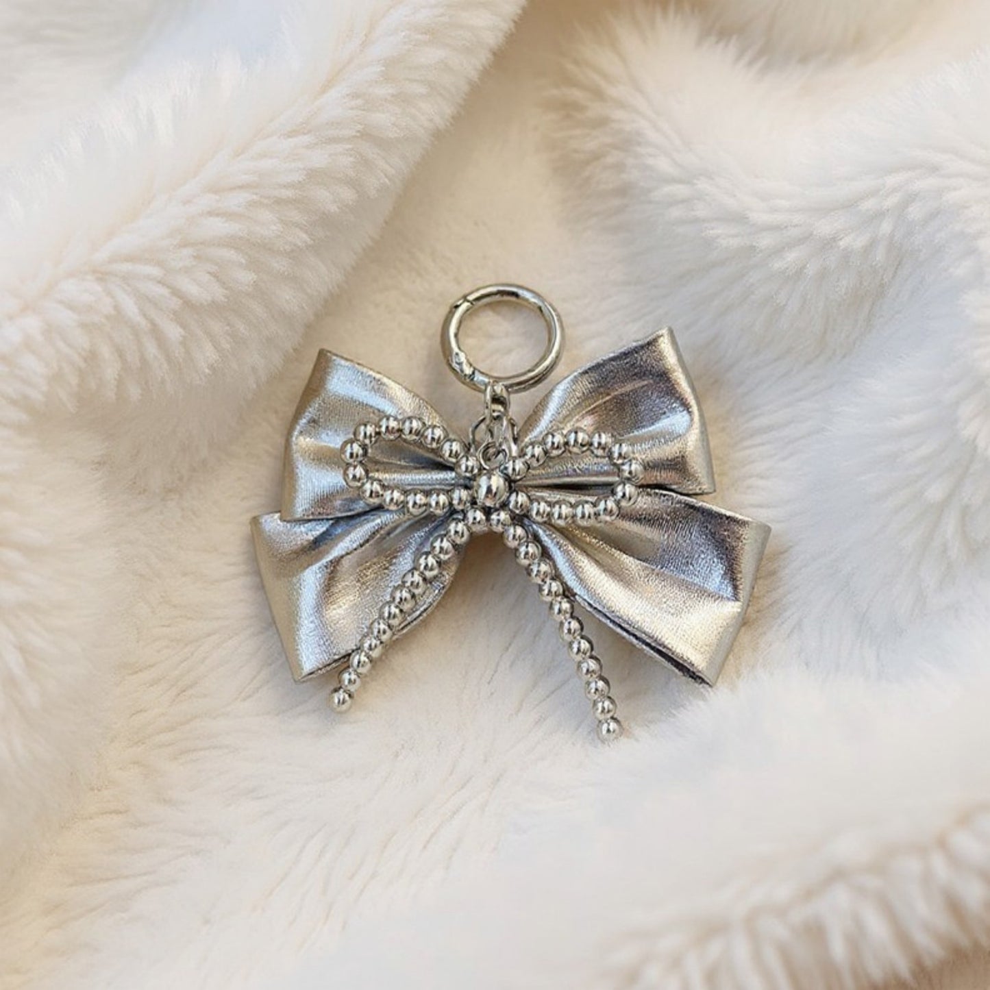 Anna-Kaci Metallic Bow Charm Keychain with Silver Beaded Detailing