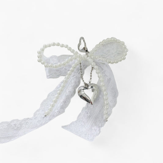 Anna-Kaci Lace Bow Charm Keychain with Pearl Trim and Silver Heart Pendant