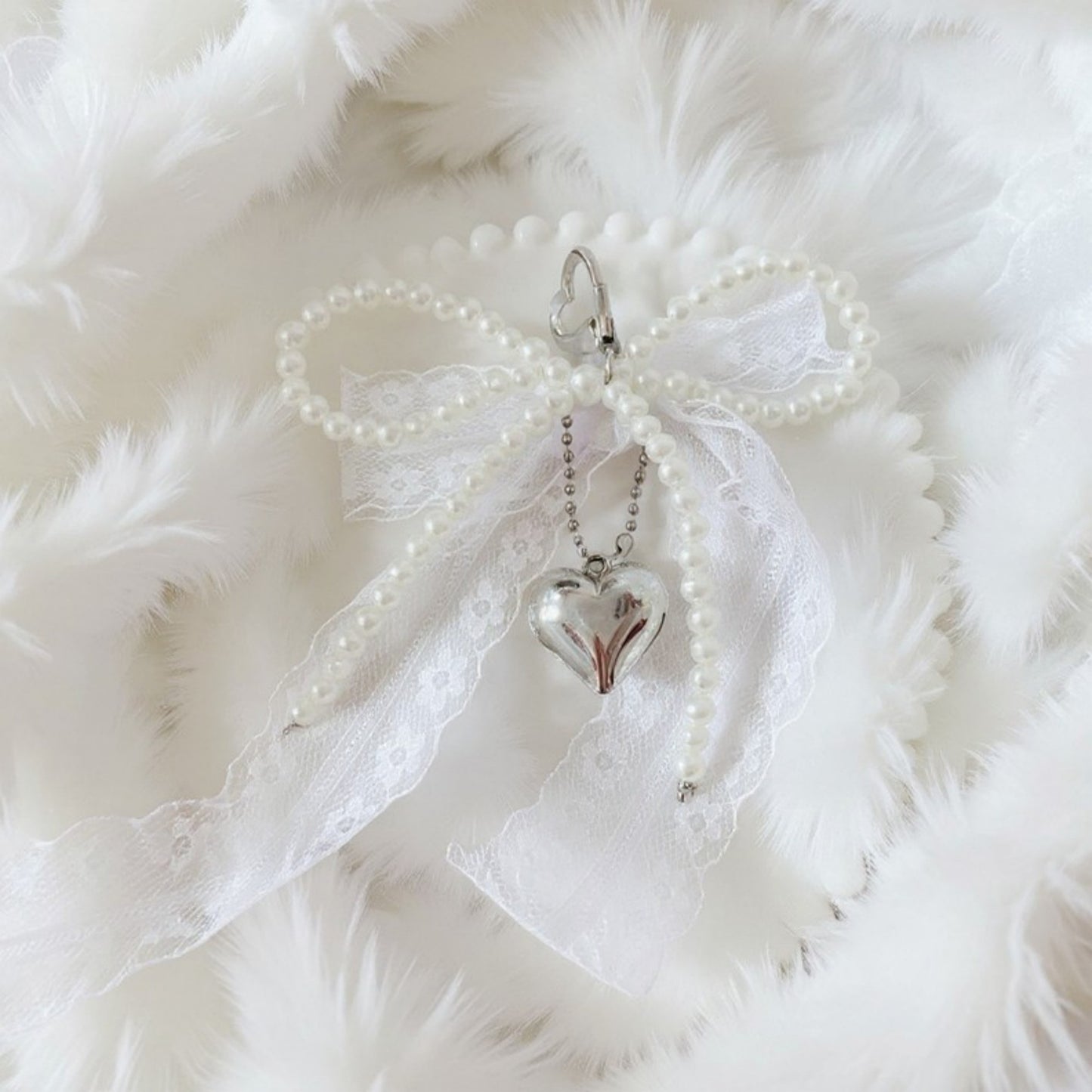 Anna-Kaci Lace Bow Charm Keychain with Pearl Trim and Silver Heart Pendant