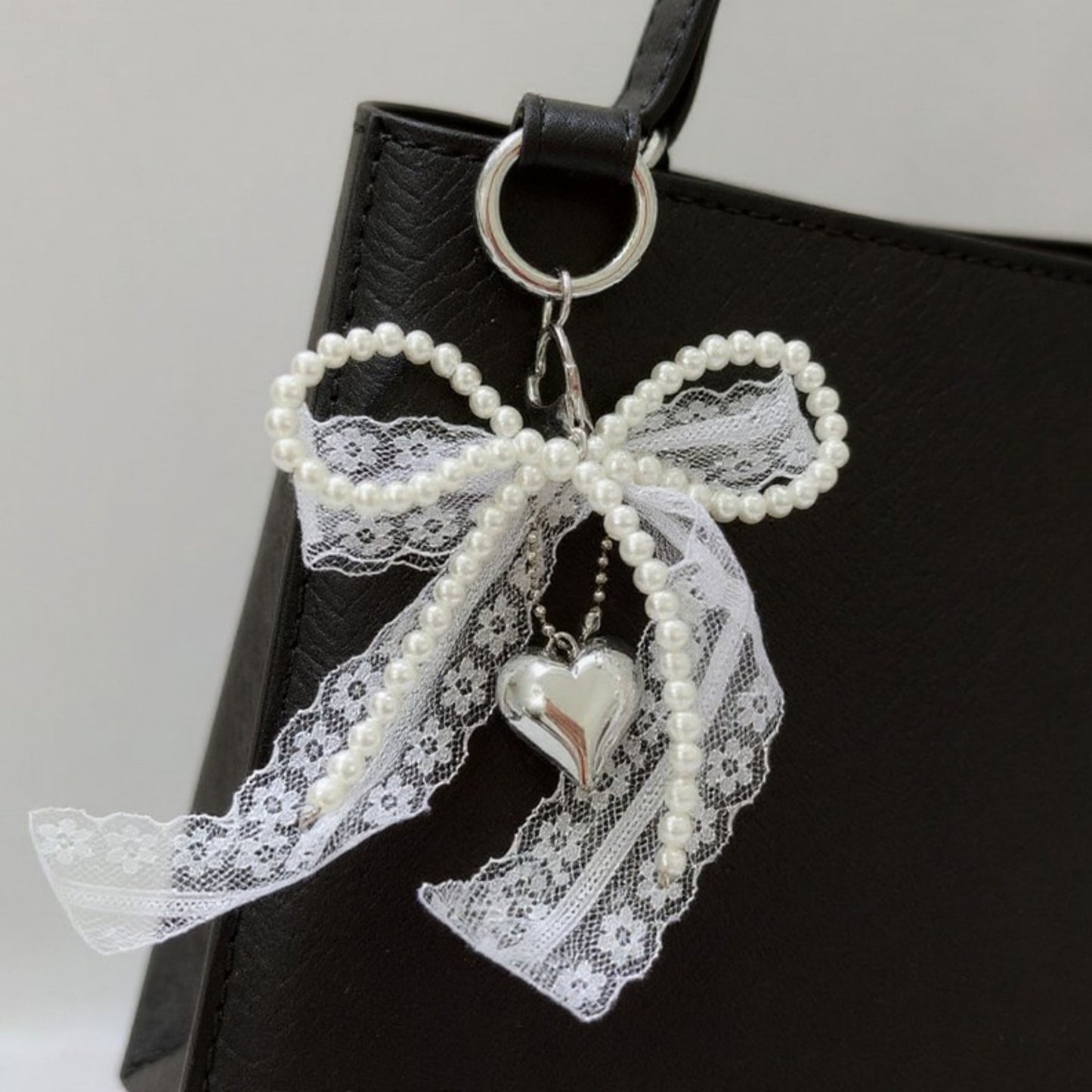 Anna-Kaci Lace Bow Charm Keychain with Pearl Trim and Silver Heart Pendant
