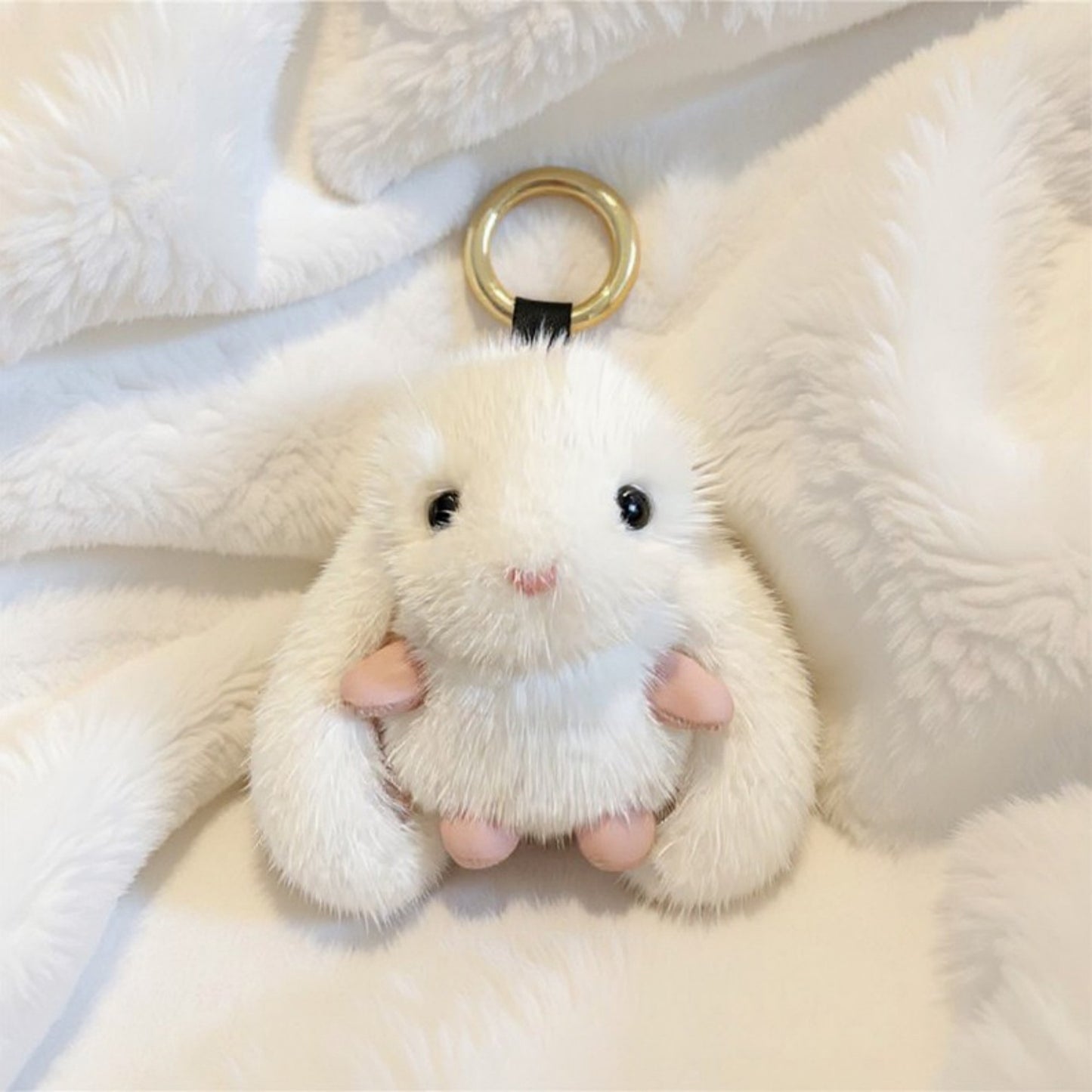 Anna-Kaci Plush Bunny Keychain with Soft Faux Fur and Gold Ring Attachment