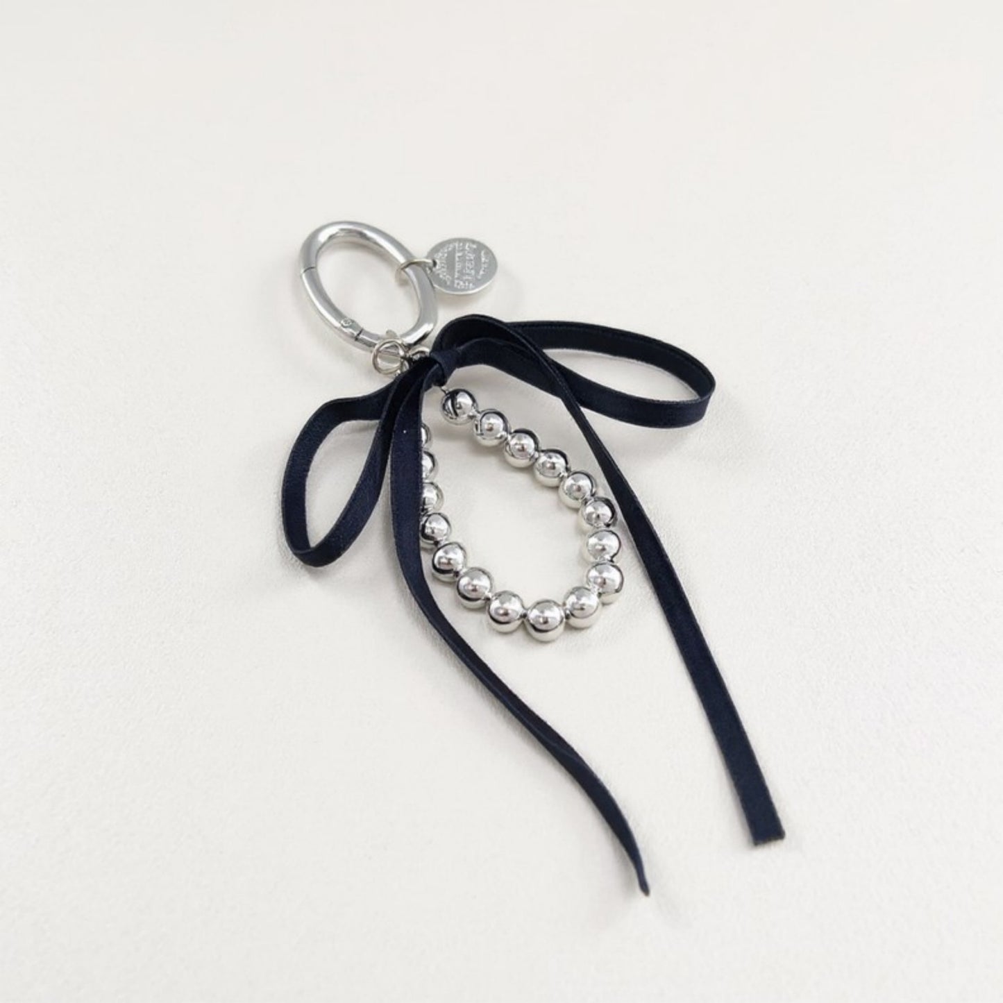 Anna-Kaci Silver Bead Charm Keychain with Velvet Ribbon Bow