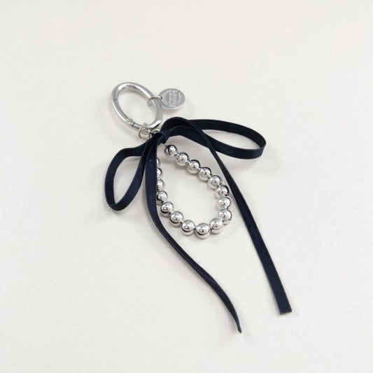 Anna-Kaci Silver Bead Charm Keychain with Velvet Ribbon Bow
