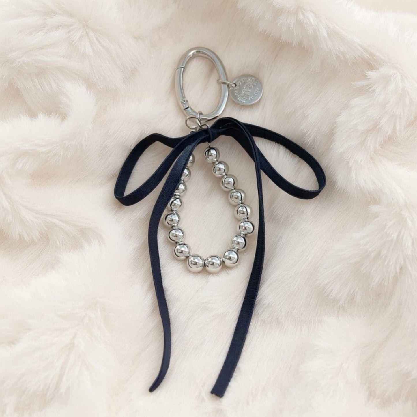 Anna-Kaci Silver Bead Charm Keychain with Velvet Ribbon Bow