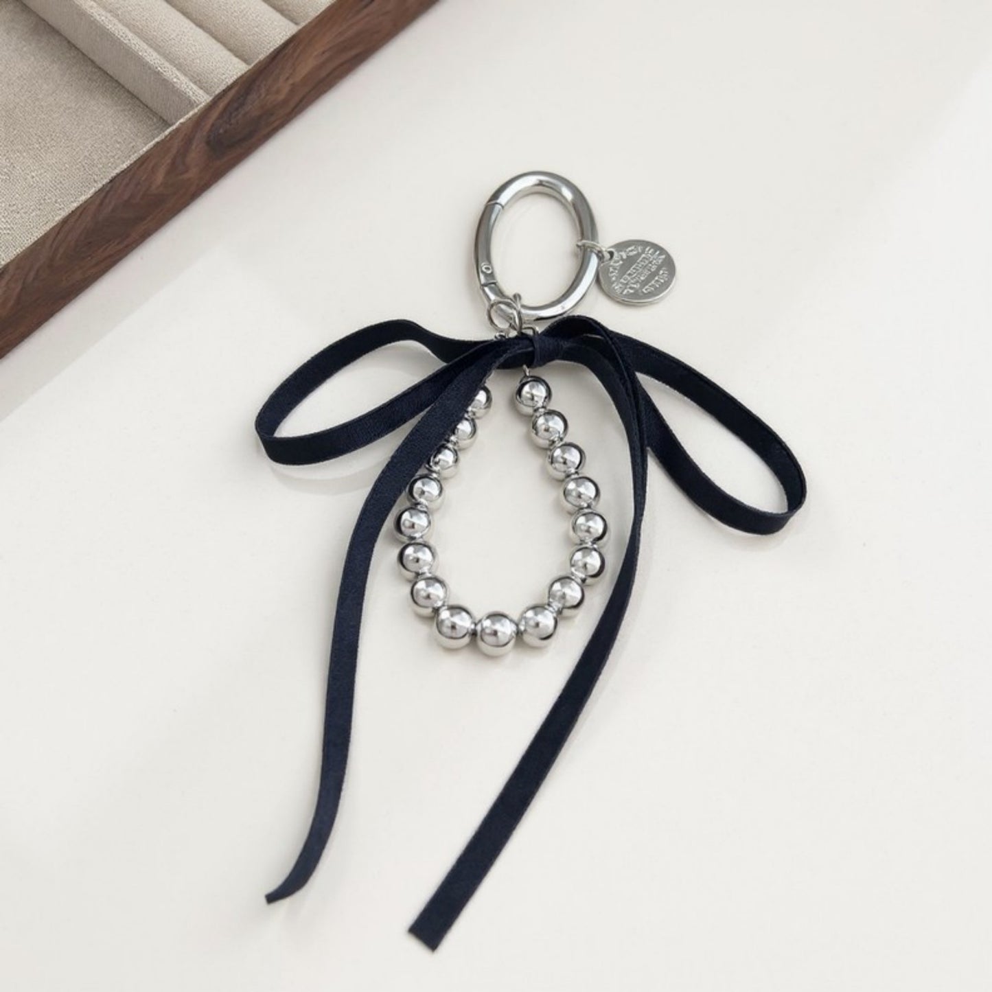 Anna-Kaci Silver Bead Charm Keychain with Velvet Ribbon Bow