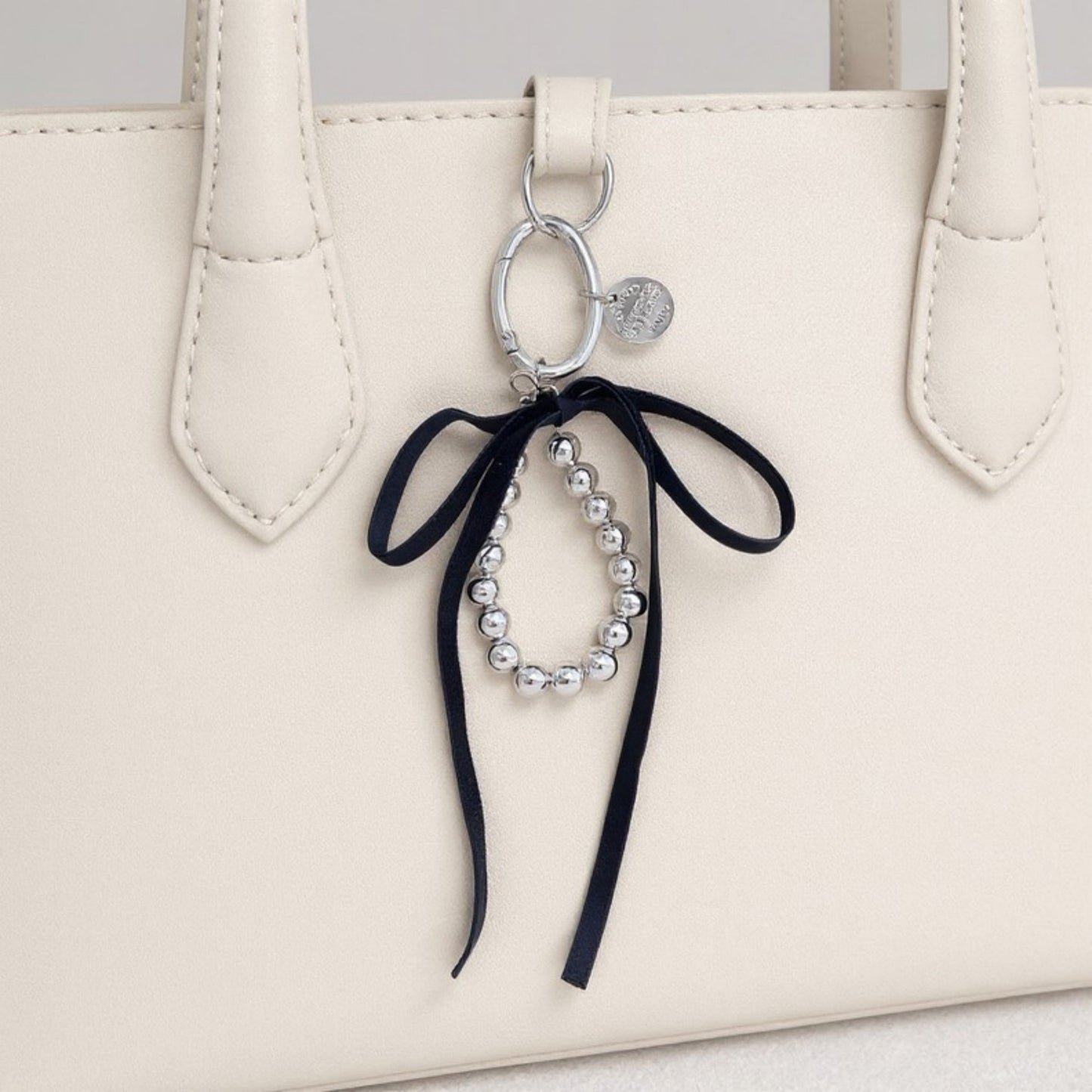 Anna-Kaci Silver Bead Charm Keychain with Velvet Ribbon Bow