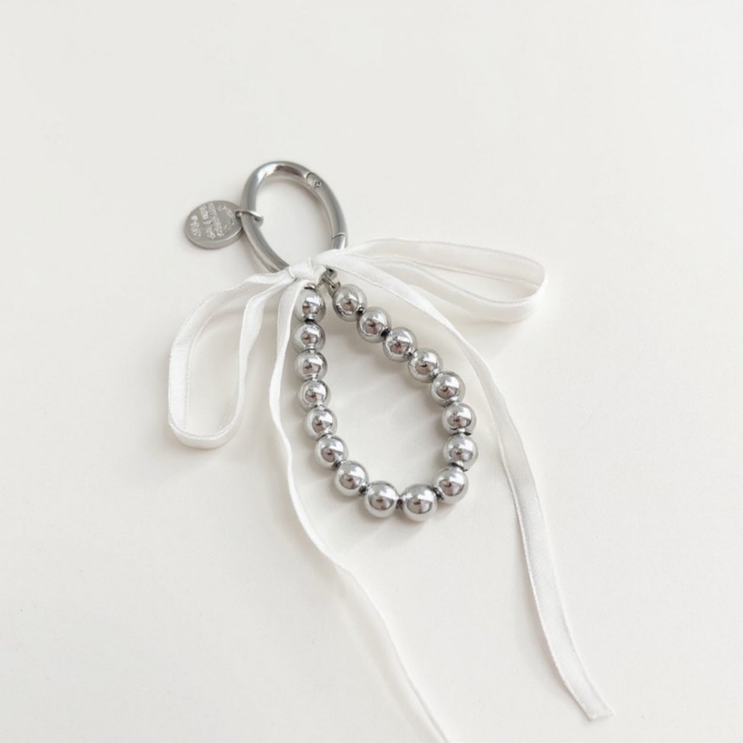 Anna-Kaci Silver Bead Charm Keychain with Velvet Ribbon Bow