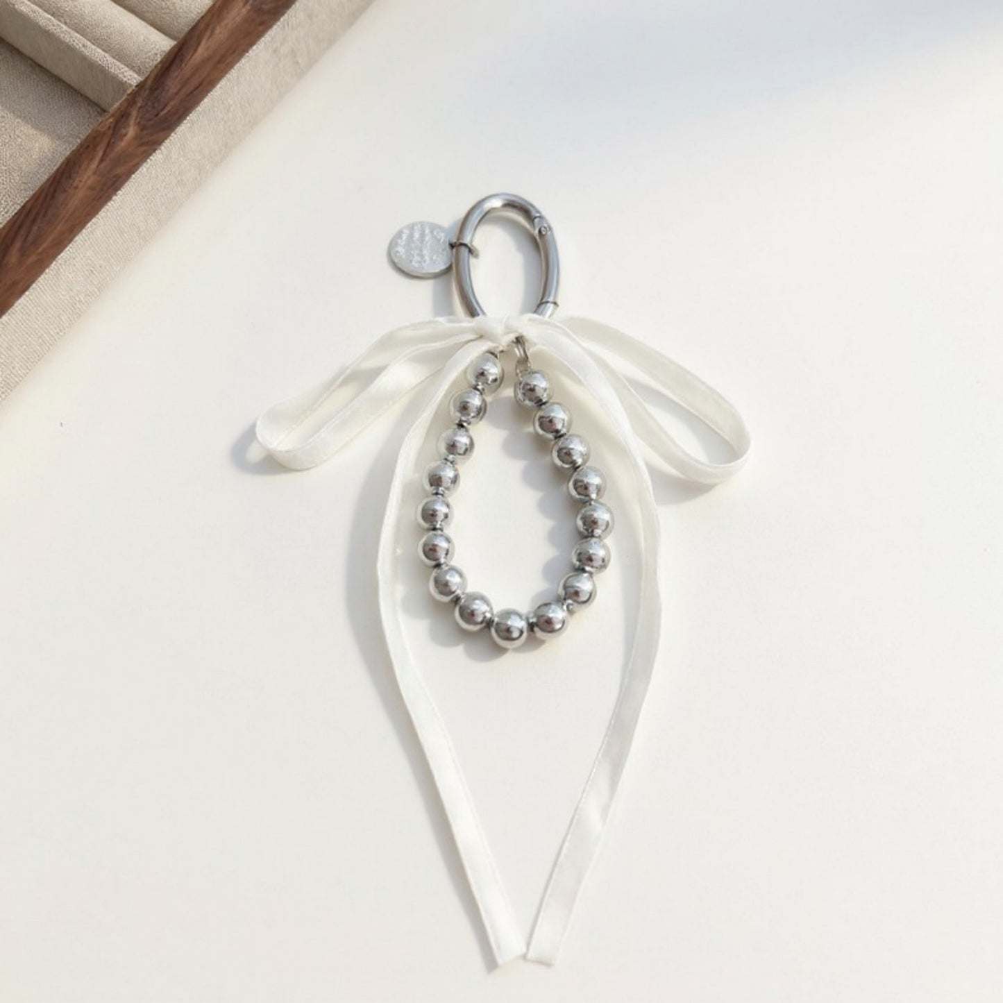 Anna-Kaci Silver Bead Charm Keychain with Velvet Ribbon Bow
