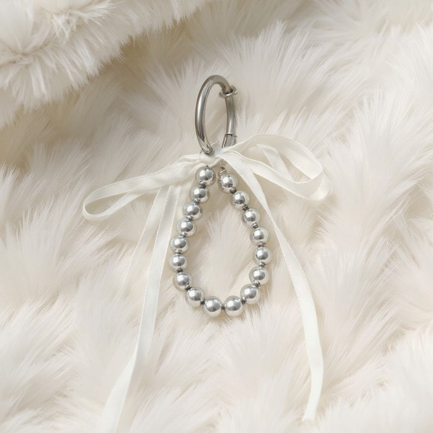 Anna-Kaci Silver Bead Charm Keychain with Velvet Ribbon Bow