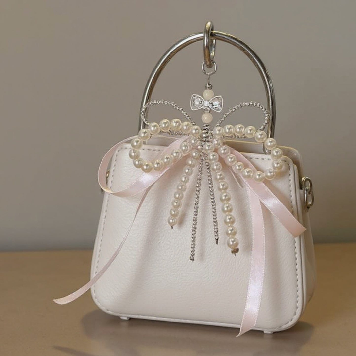 Anna-Kaci Pearl and Ribbon Bow Angel Keychain Charm with Crystal Details