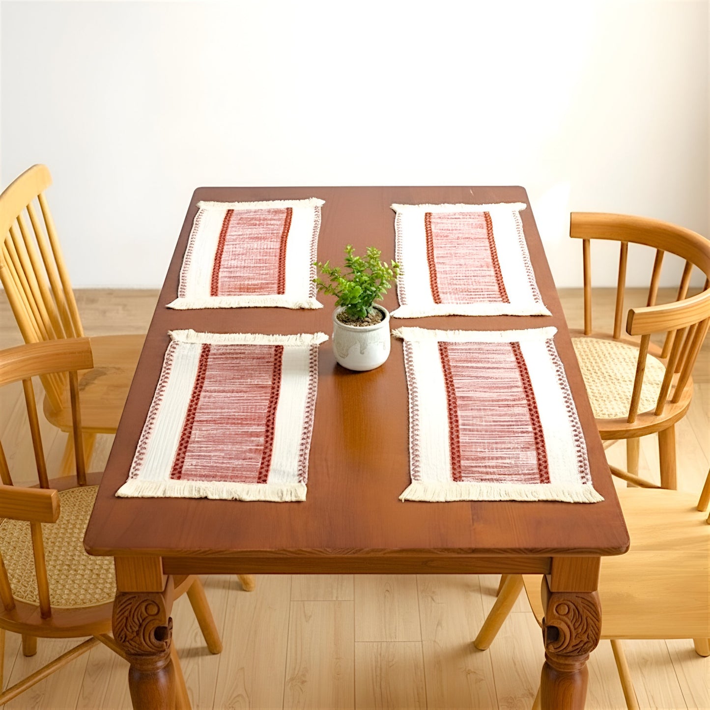 Anna-Kaci 4-Piece Rectangular Woven Fringe Placemat with Textured Striped Pattern