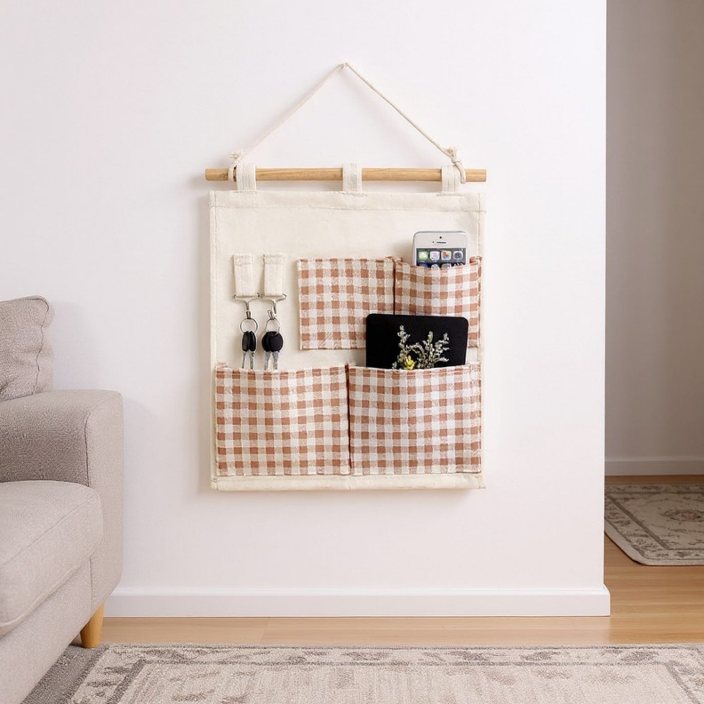 Anna-Kaci Hanging Wall Organizer with Green Gingham Pockets and Wooden Rod 12x14in