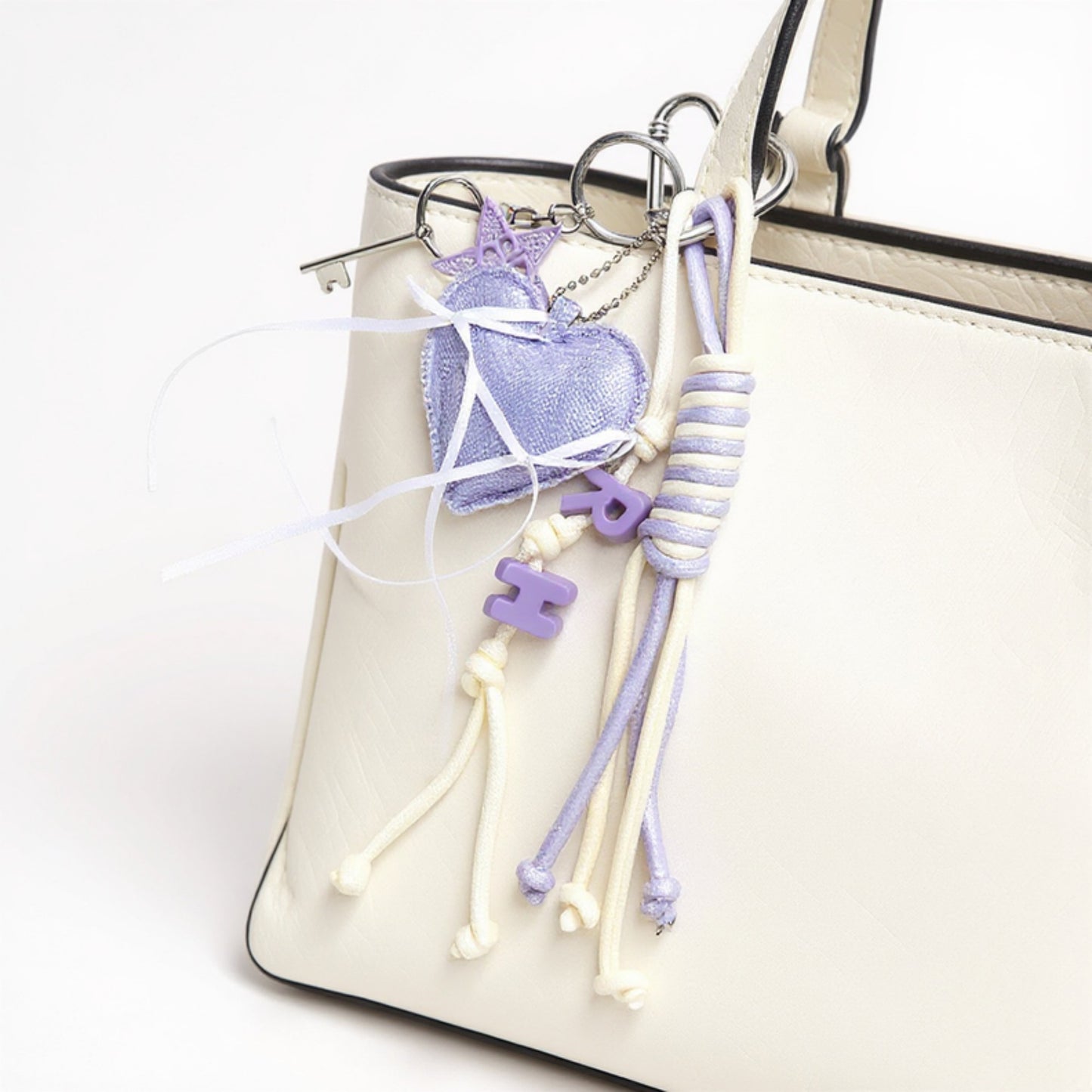 Anna-Kaci Heart Charm Keychain with Ribbon Tassels and Alphabet Beads