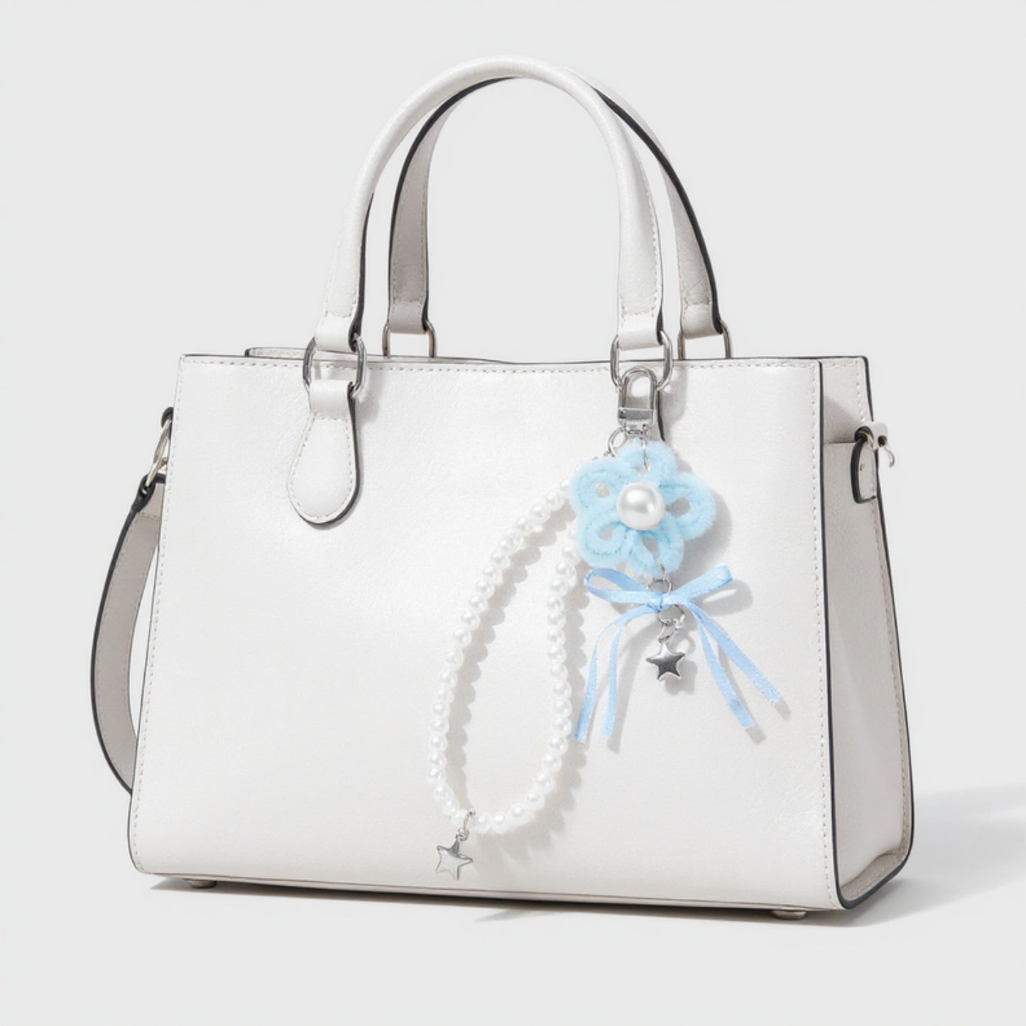 Anna-Kaci Pearl Beaded Keychain with Ribbon Bow and Star Charms