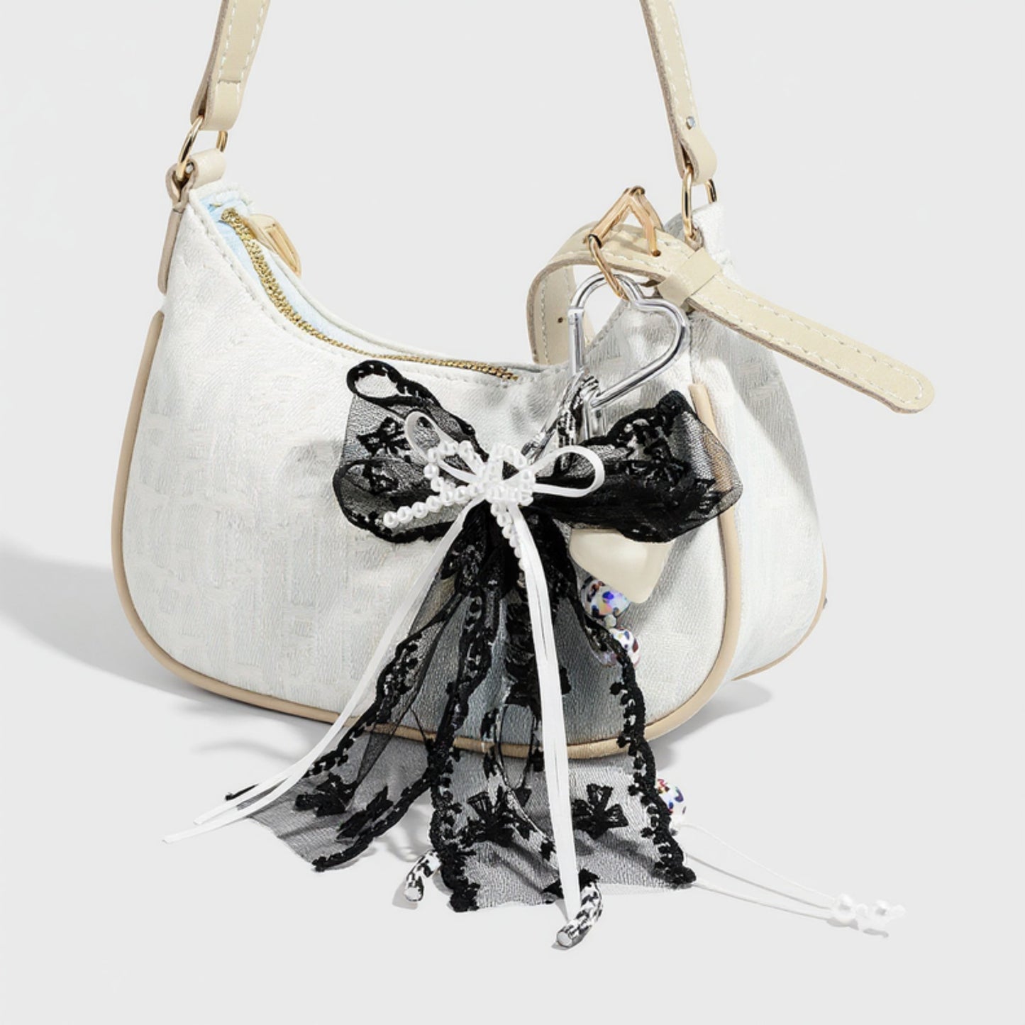 Anna-Kaci Black Lace Bow Keychain with Heart Clasp and Beaded Ribbon Details