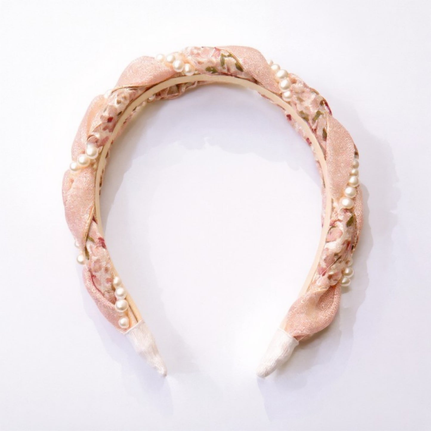 Anna-Kaci Twisted Floral Fabric Headband with Pearl Embellishment and Knotted Design 6x6.3in