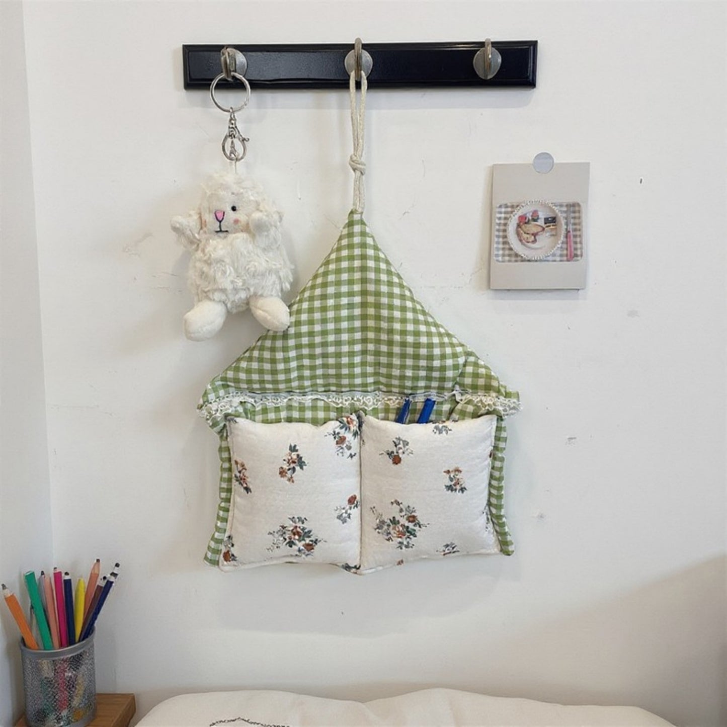 Anna-Kaci Hanging Wall Organizer with Gingham Top and Floral Double Pockets 11x10in