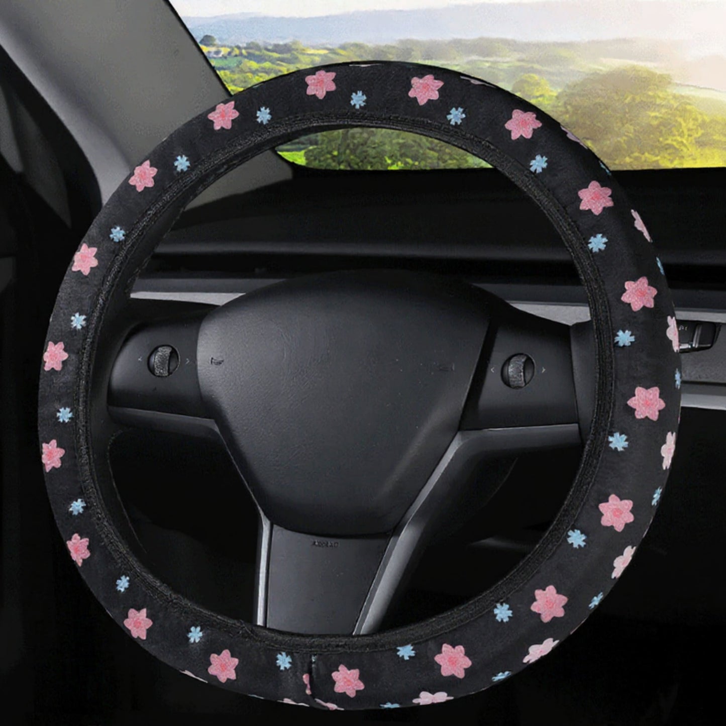 Anna-Kaci Plush Steering Wheel Cover with Floral Embroidered Pattern