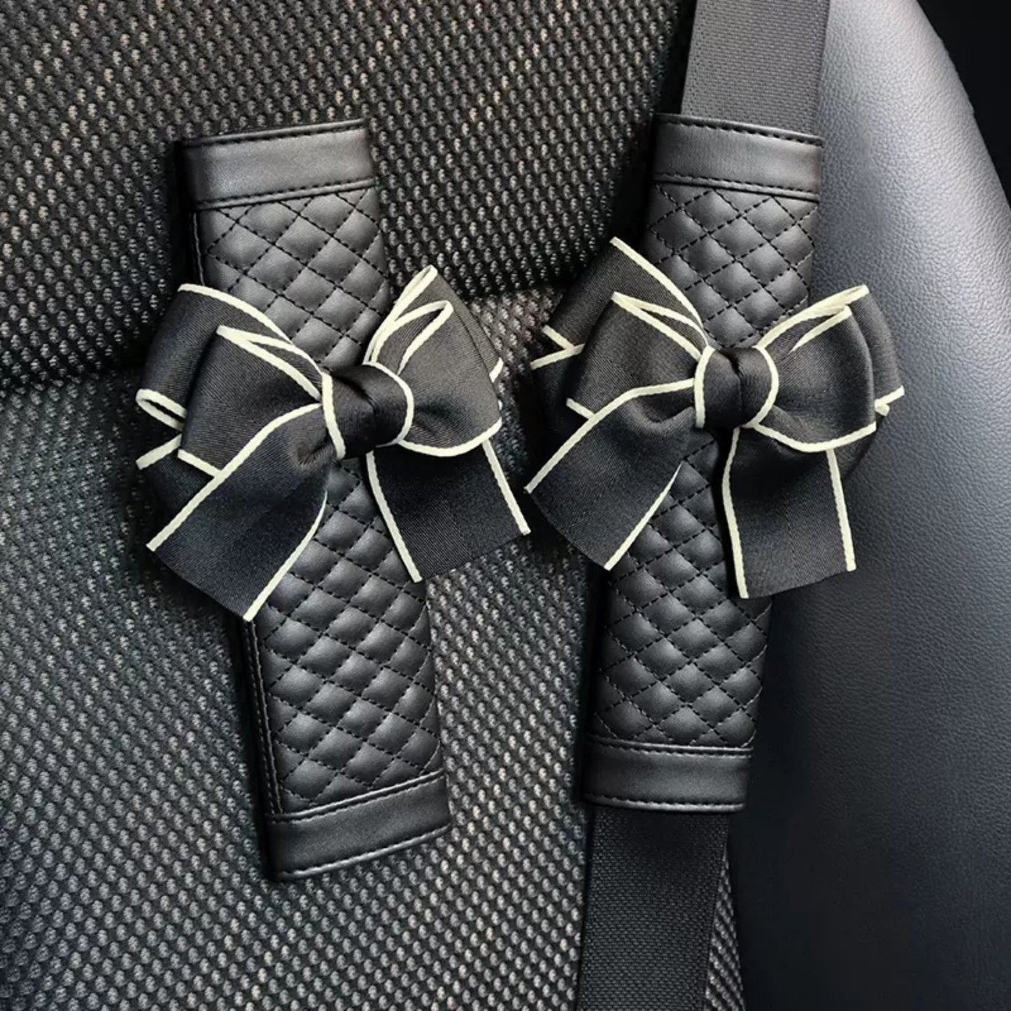 Anna-Kaci Quilted PU Leather Car Seat Belt Covers with Decorative Ribbon Bow Set