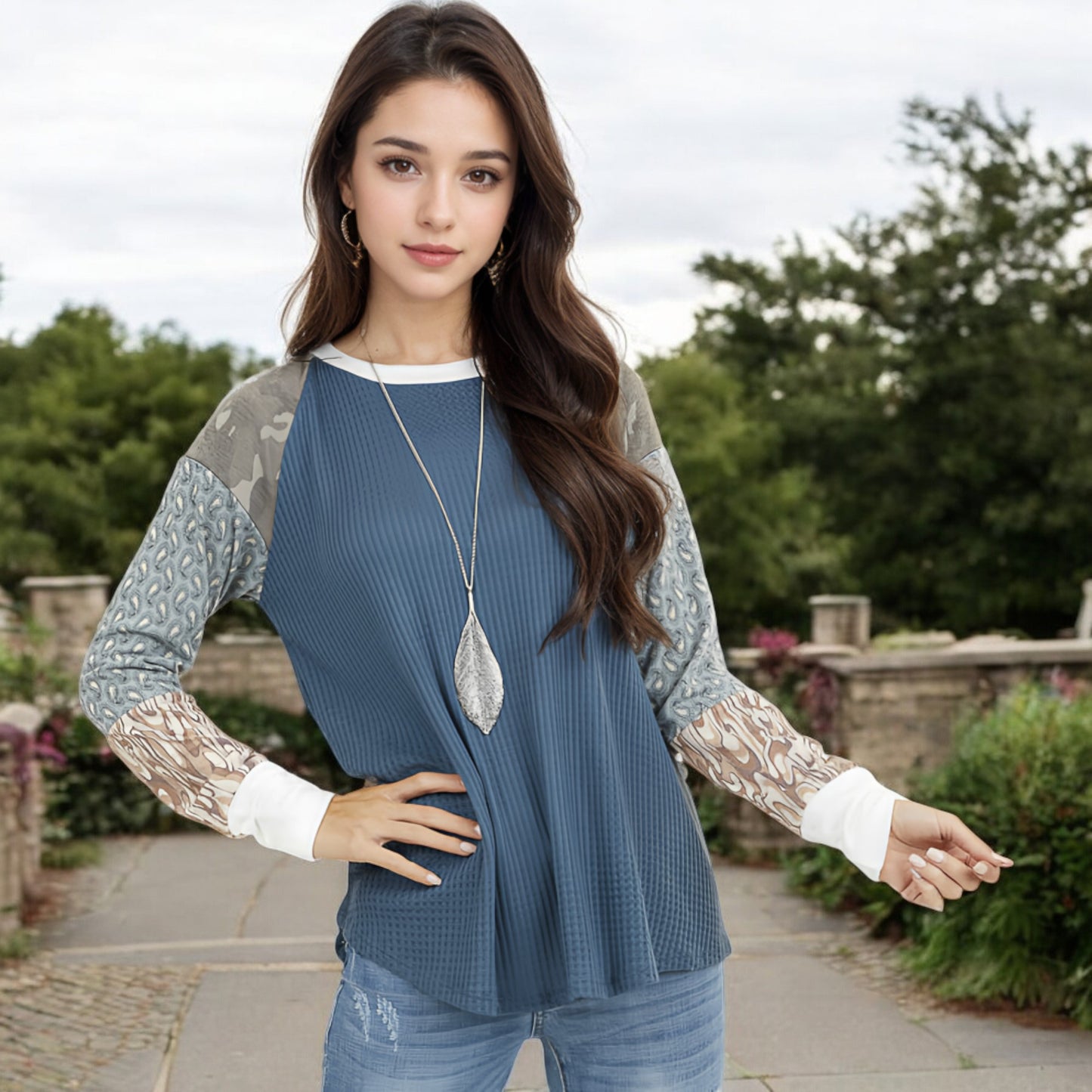 Anna-Kaci Women's Mixed Print Long Sleeve Waffle Knit Top with Contrast Sleeves