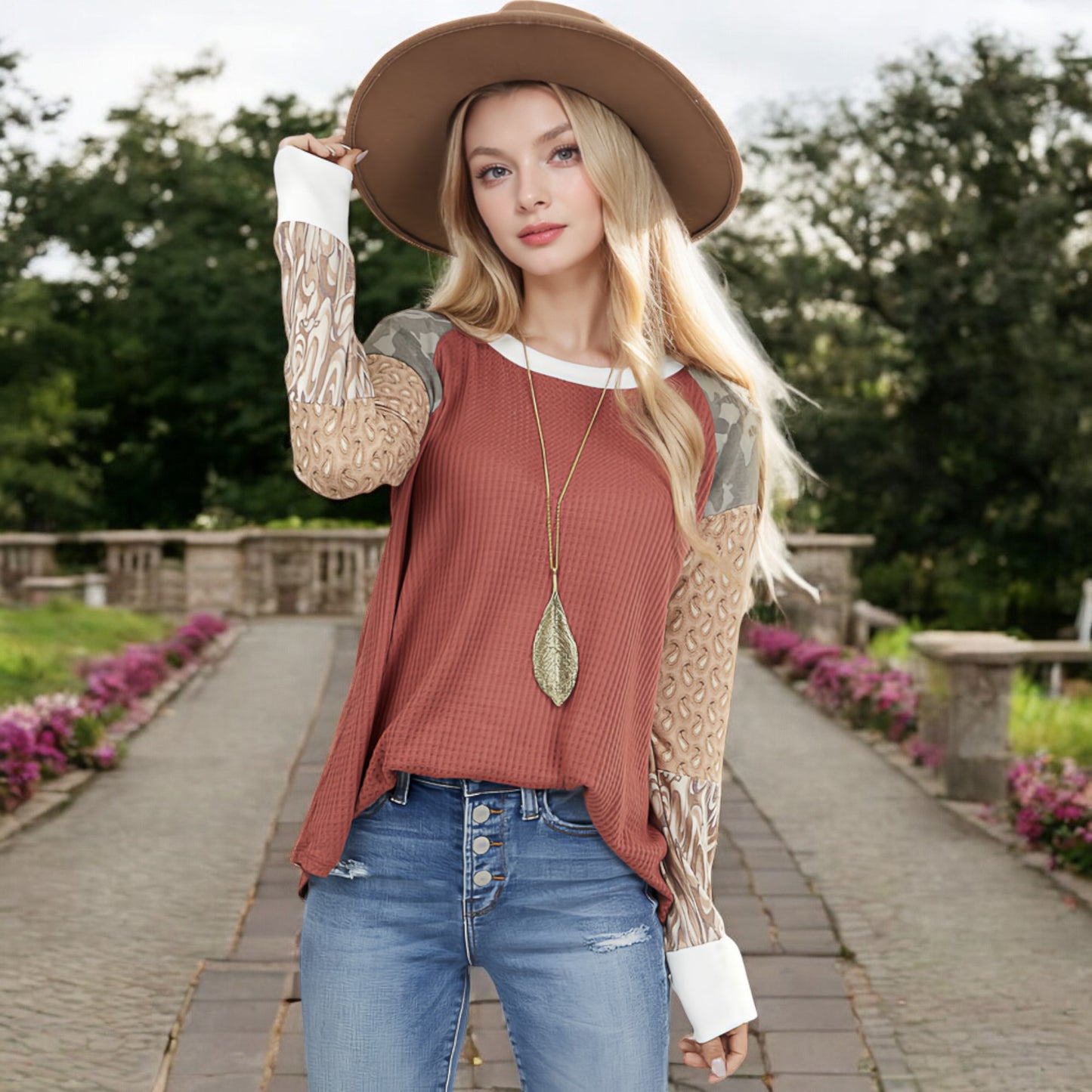 Anna-Kaci Women's Mixed Print Long Sleeve Waffle Knit Top with Contrast Sleeves