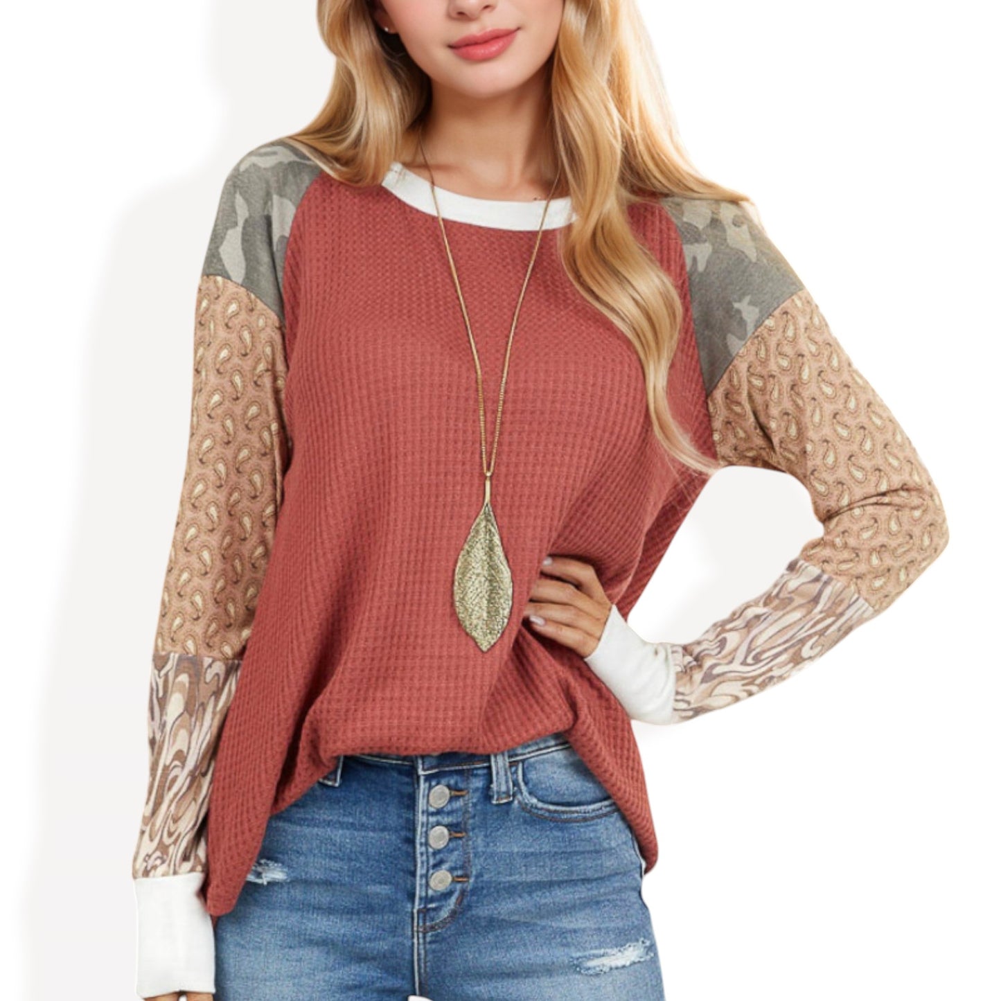 Anna-Kaci Women's Mixed Print Long Sleeve Waffle Knit Top with Contrast Sleeves