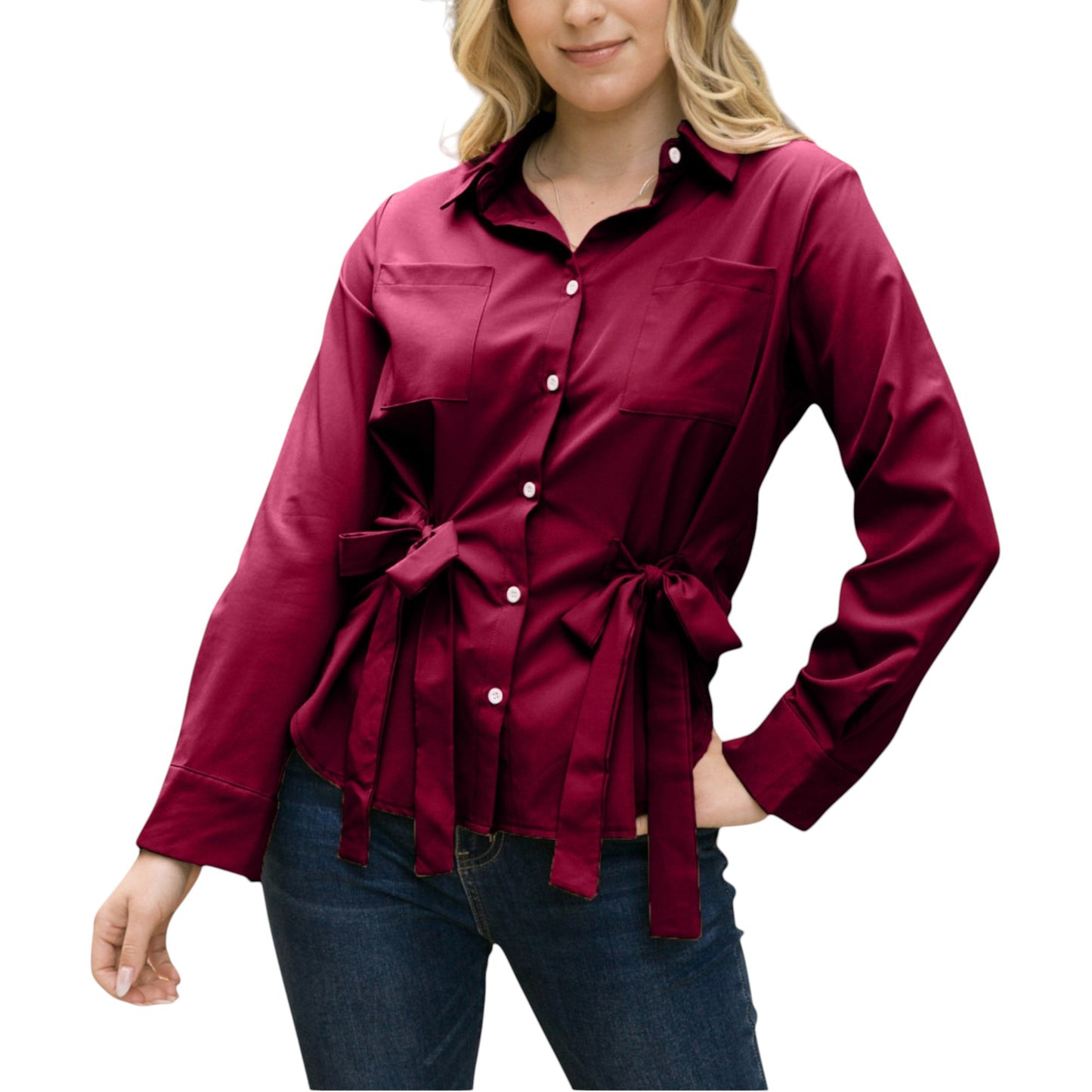 Anna-Kaci Women's Long Sleeve Button Down Shirt with Front Chest Pockets and Adjustable Side Tie Accents