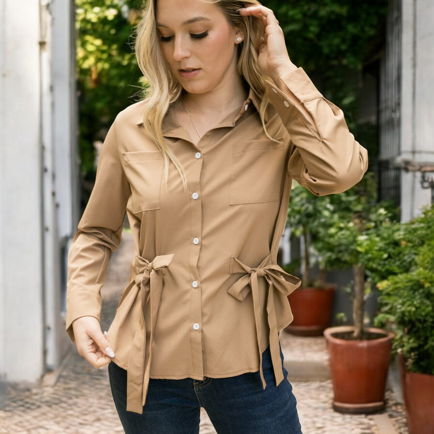 Anna-Kaci Women's Long Sleeve Button Down Shirt with Front Chest Pockets and Adjustable Side Tie Accents