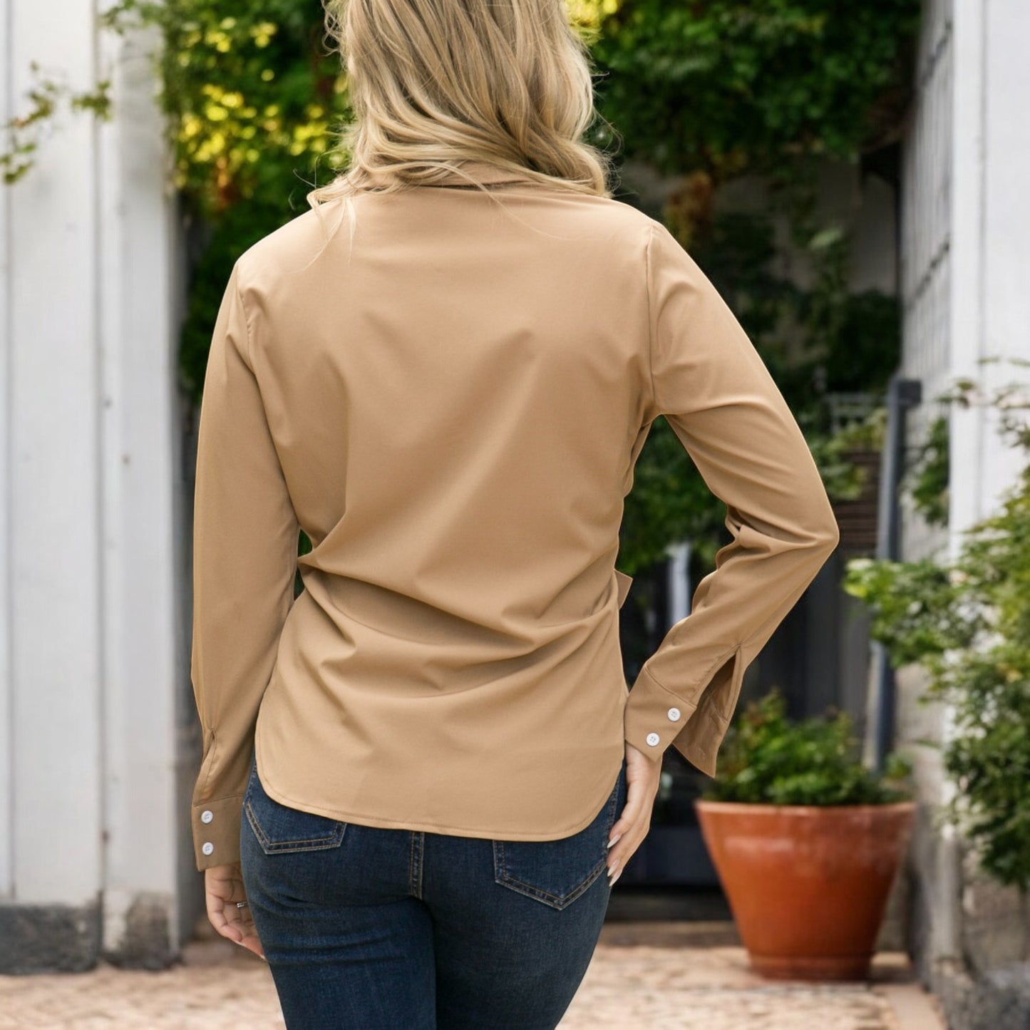 Anna-Kaci Women's Long Sleeve Button Down Shirt with Front Chest Pockets and Adjustable Side Tie Accents