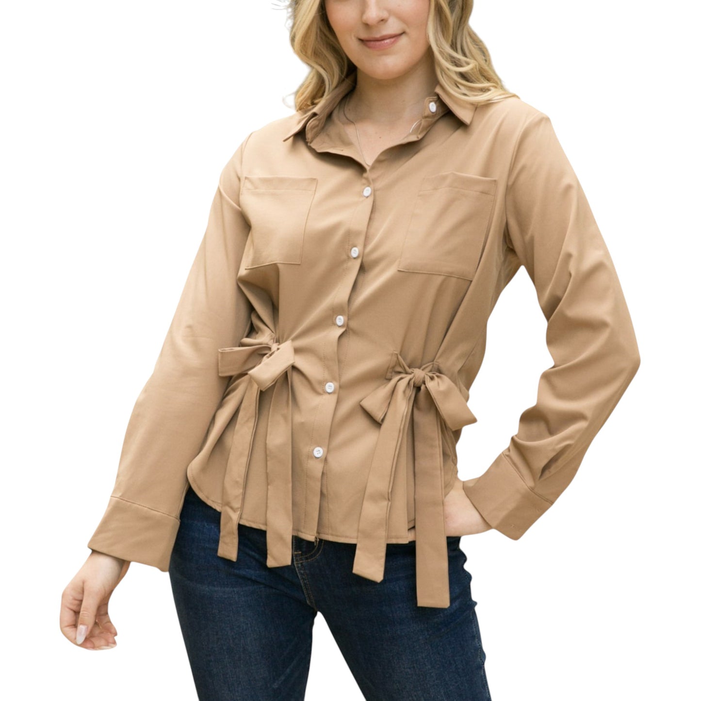Anna-Kaci Women's Long Sleeve Button Down Shirt with Front Chest Pockets and Adjustable Side Tie Accents
