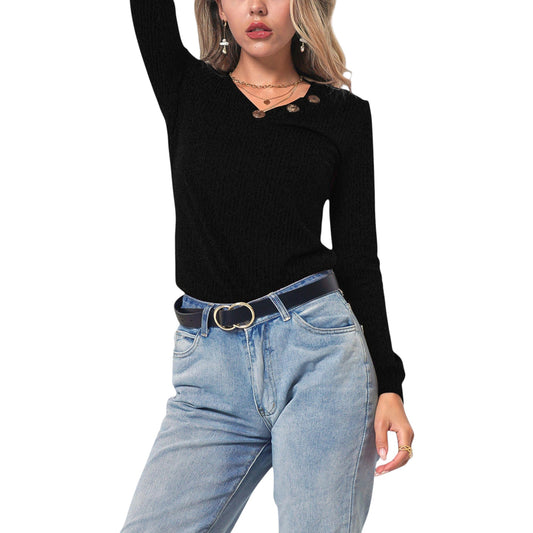Anna-Kaci Women's Long Sleeve Knit Top with Asymmetrical Button Detail and Ribbed Texture
