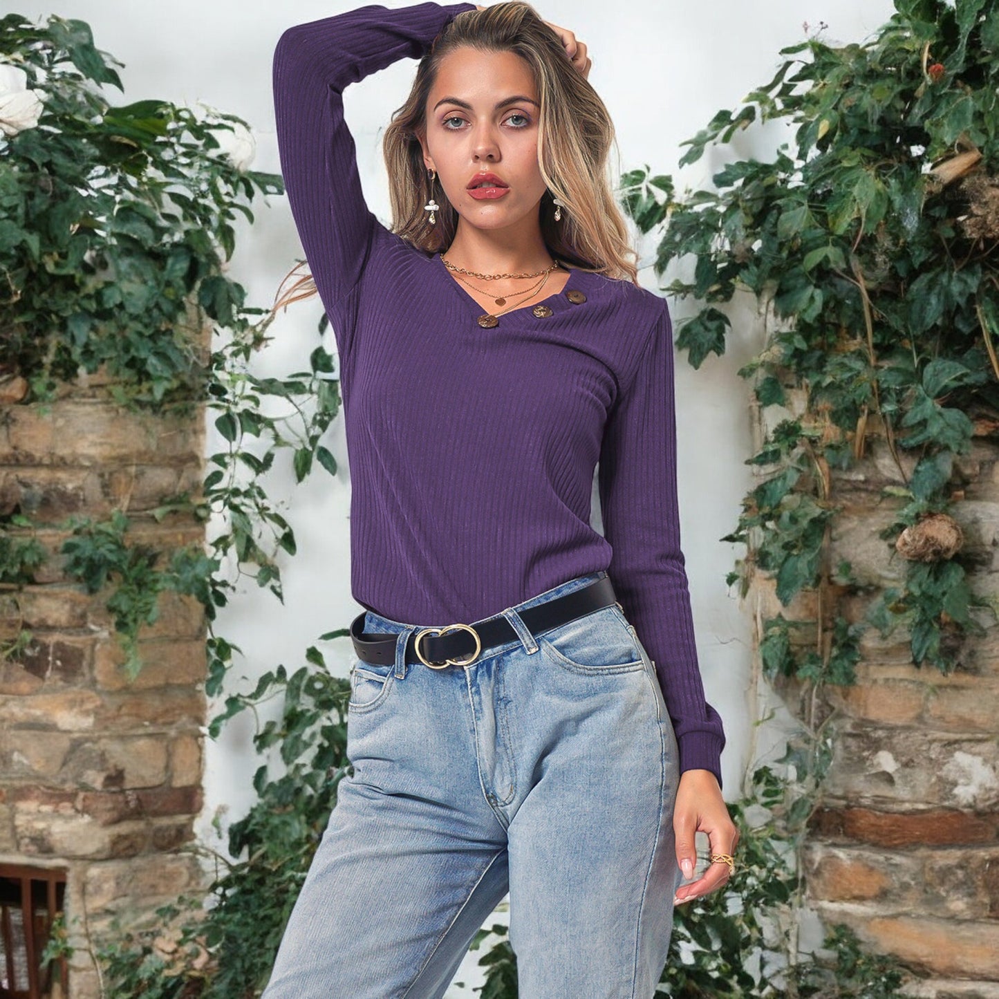 Anna-Kaci Women's Long Sleeve Knit Top with Asymmetrical Button Detail and Ribbed Texture