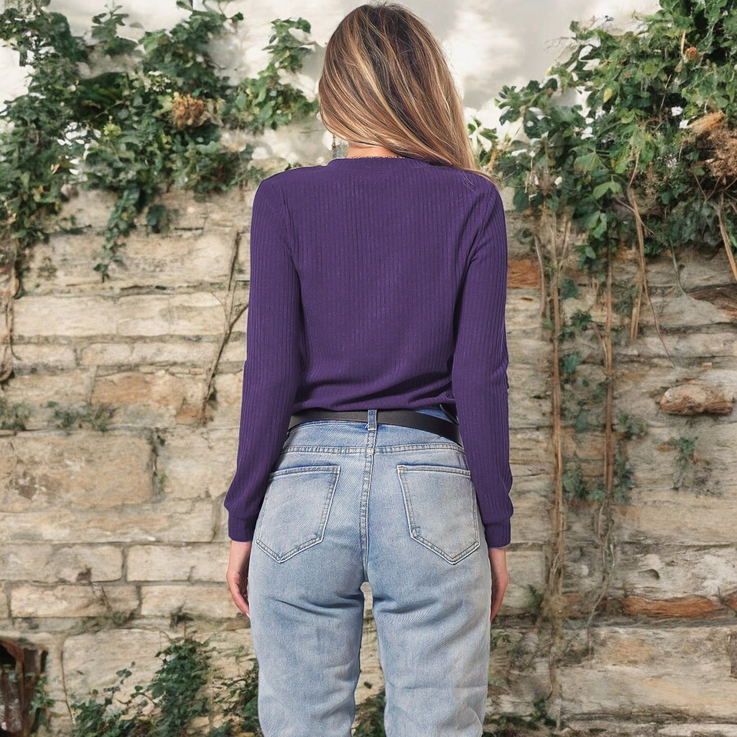 Anna-Kaci Women's Long Sleeve Knit Top with Asymmetrical Button Detail and Ribbed Texture