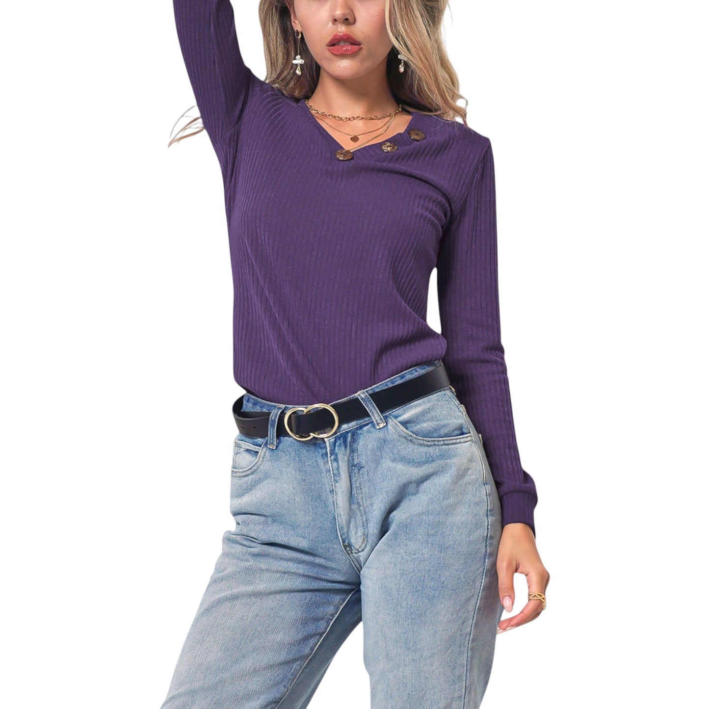 Anna-Kaci Women's Long Sleeve Knit Top with Asymmetrical Button Detail and Ribbed Texture