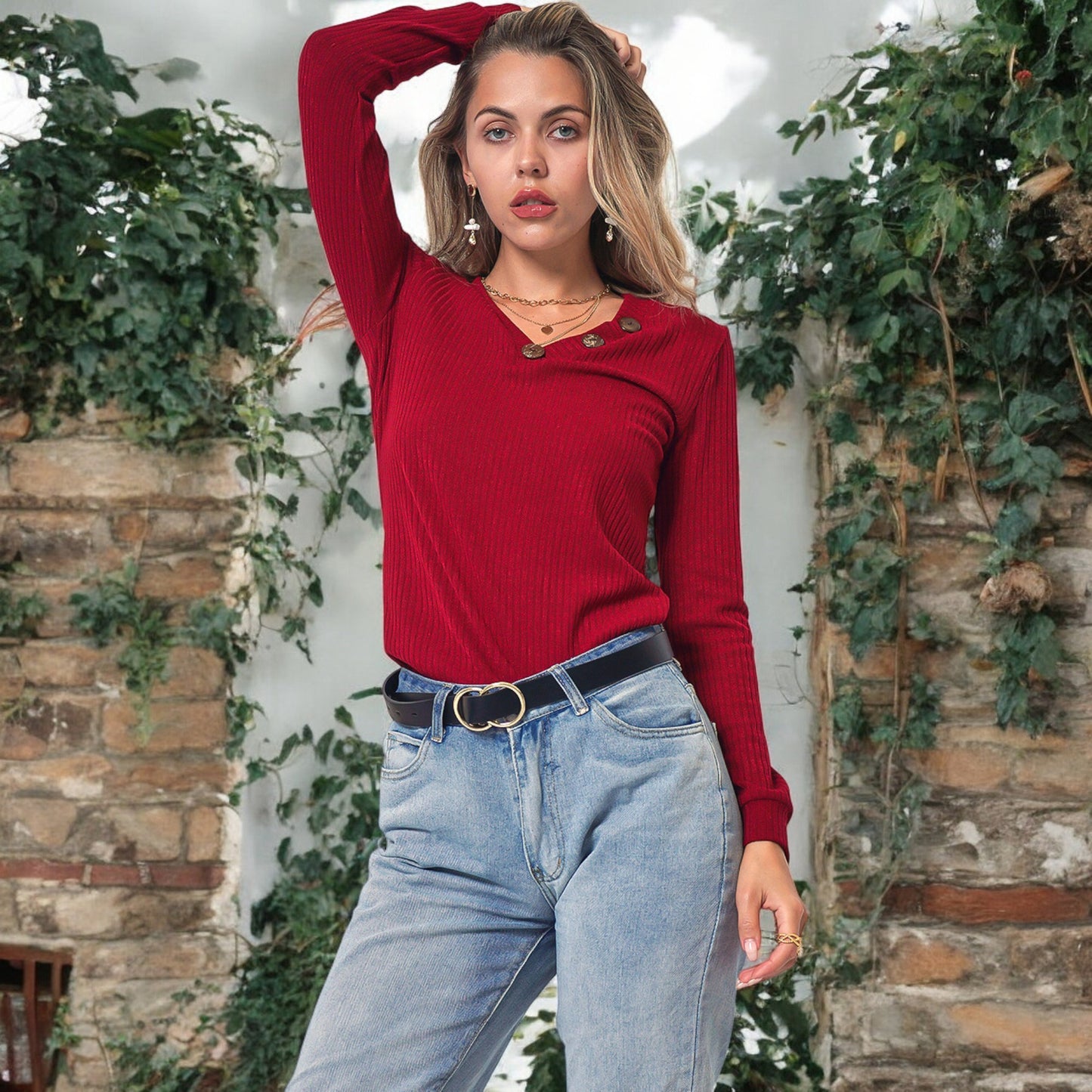 Anna-Kaci Women's Long Sleeve Knit Top with Asymmetrical Button Detail and Ribbed Texture