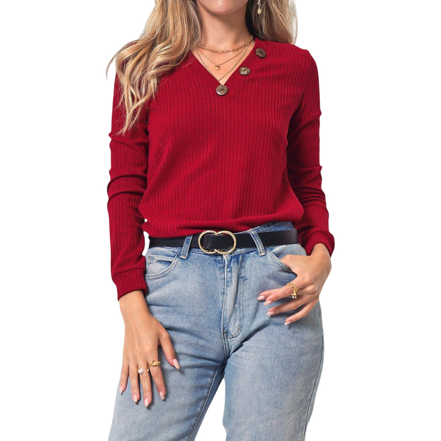 Anna-Kaci Women's Long Sleeve Knit Top with Asymmetrical Button Detail and Ribbed Texture