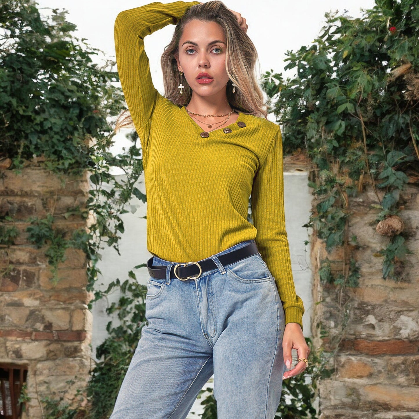 Anna-Kaci Women's Long Sleeve Knit Top with Asymmetrical Button Detail and Ribbed Texture