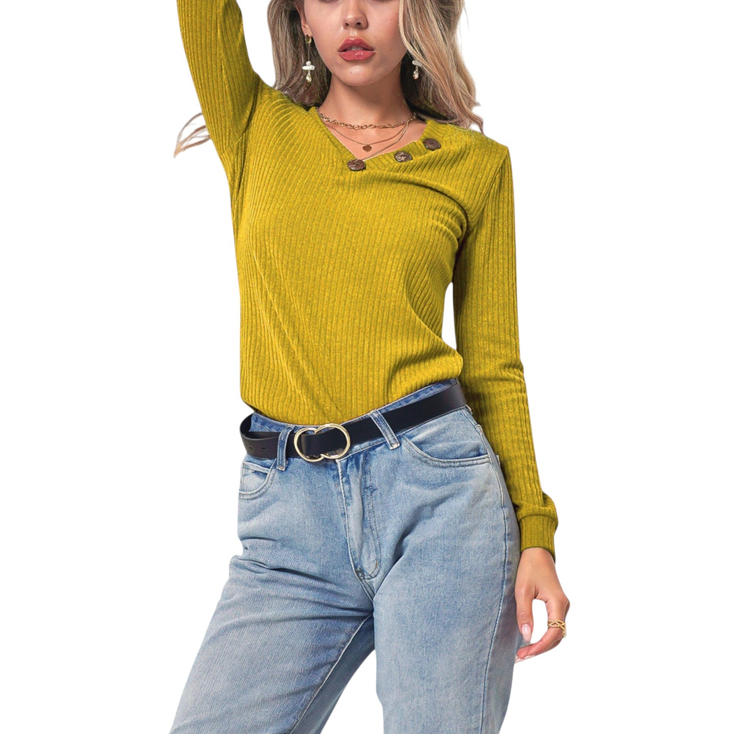 Anna-Kaci Women's Long Sleeve Knit Top with Asymmetrical Button Detail and Ribbed Texture