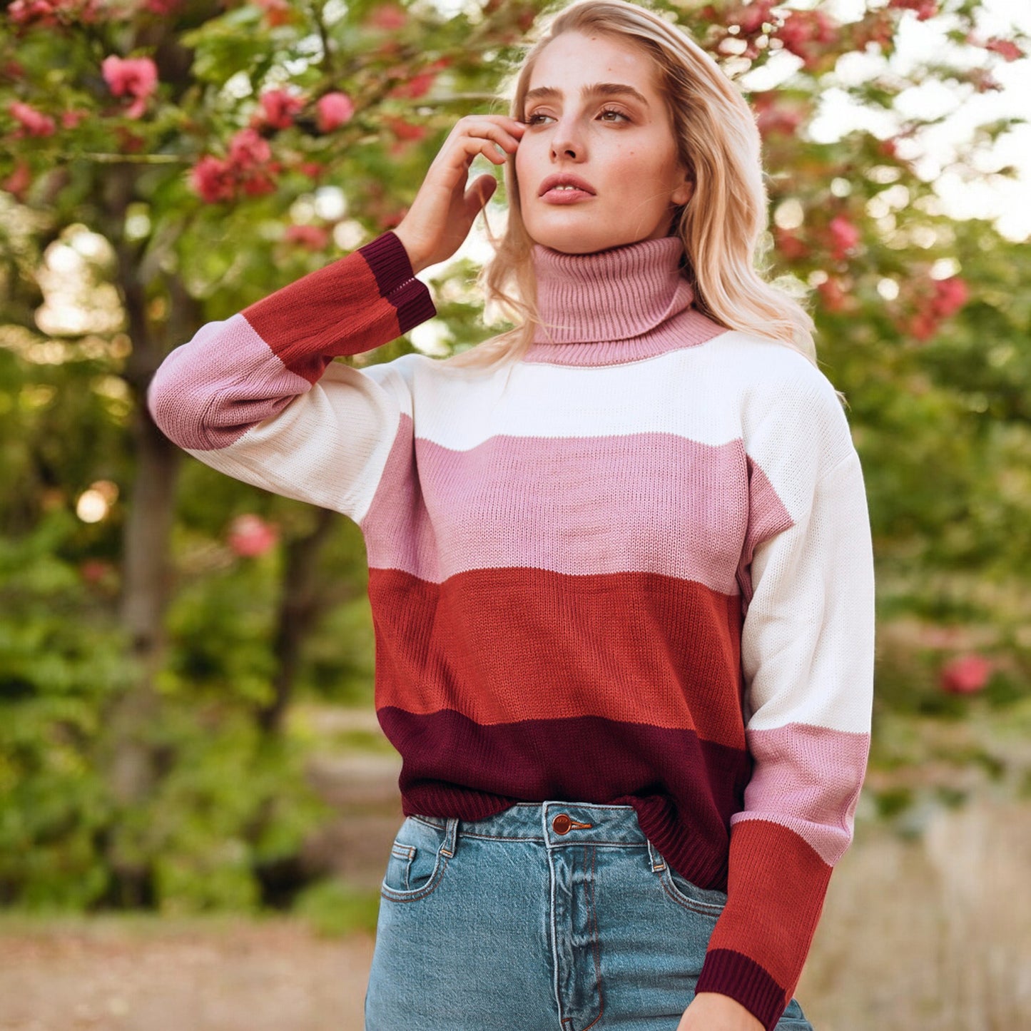 Anna-Kaci Women's Striped Turtleneck Knit Pullover Sweater with Long Sleeves