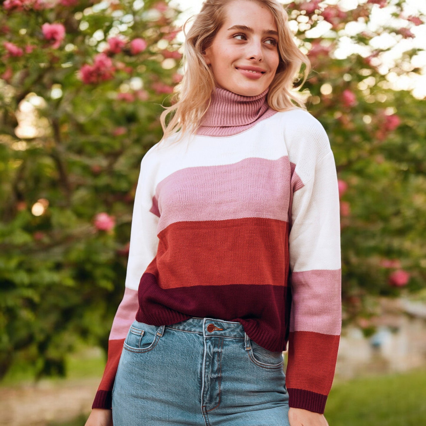 Anna-Kaci Women's Striped Turtleneck Knit Pullover Sweater with Long Sleeves