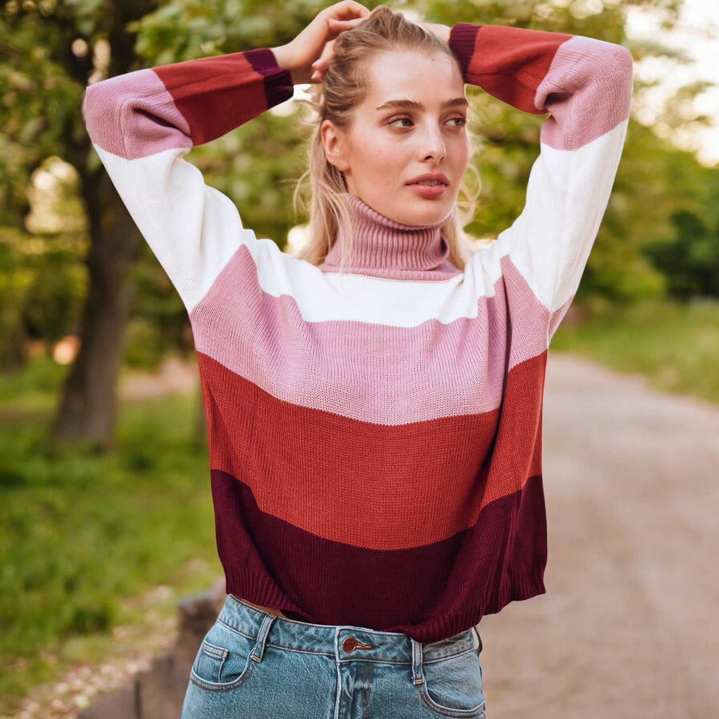 Anna-Kaci Women's Striped Turtleneck Knit Pullover Sweater with Long Sleeves