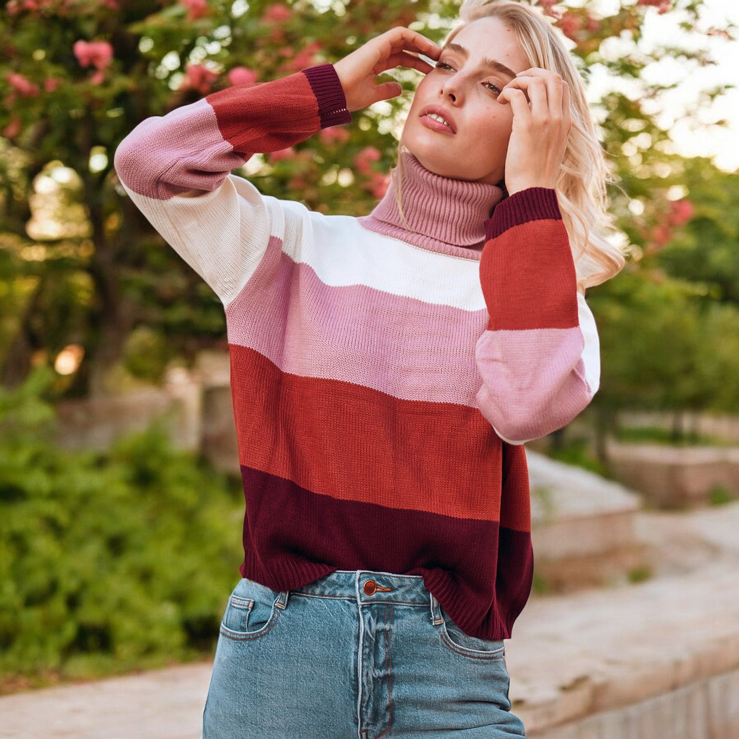 Anna-Kaci Women's Striped Turtleneck Knit Pullover Sweater with Long Sleeves