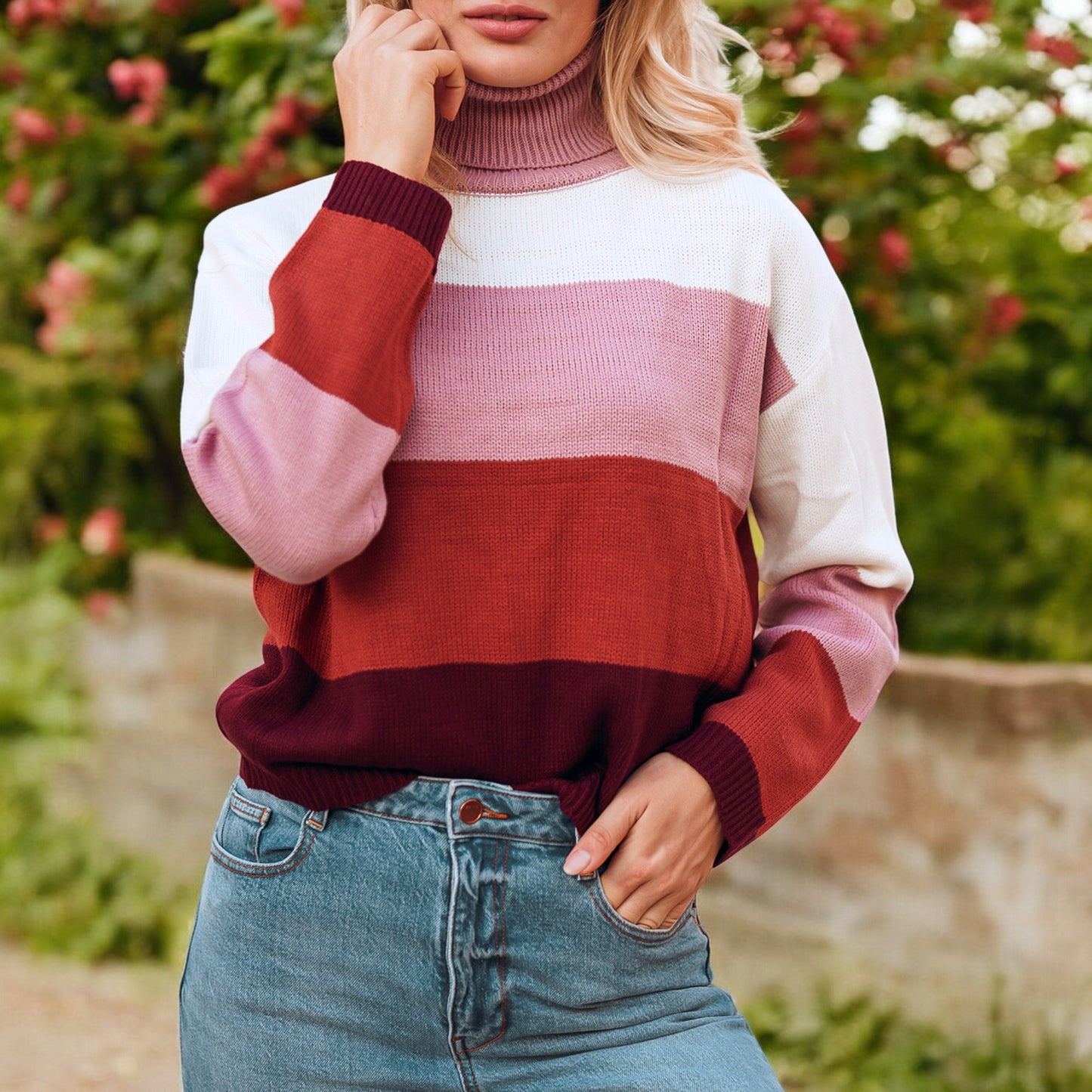 Anna-Kaci Women's Striped Turtleneck Knit Pullover Sweater with Long Sleeves